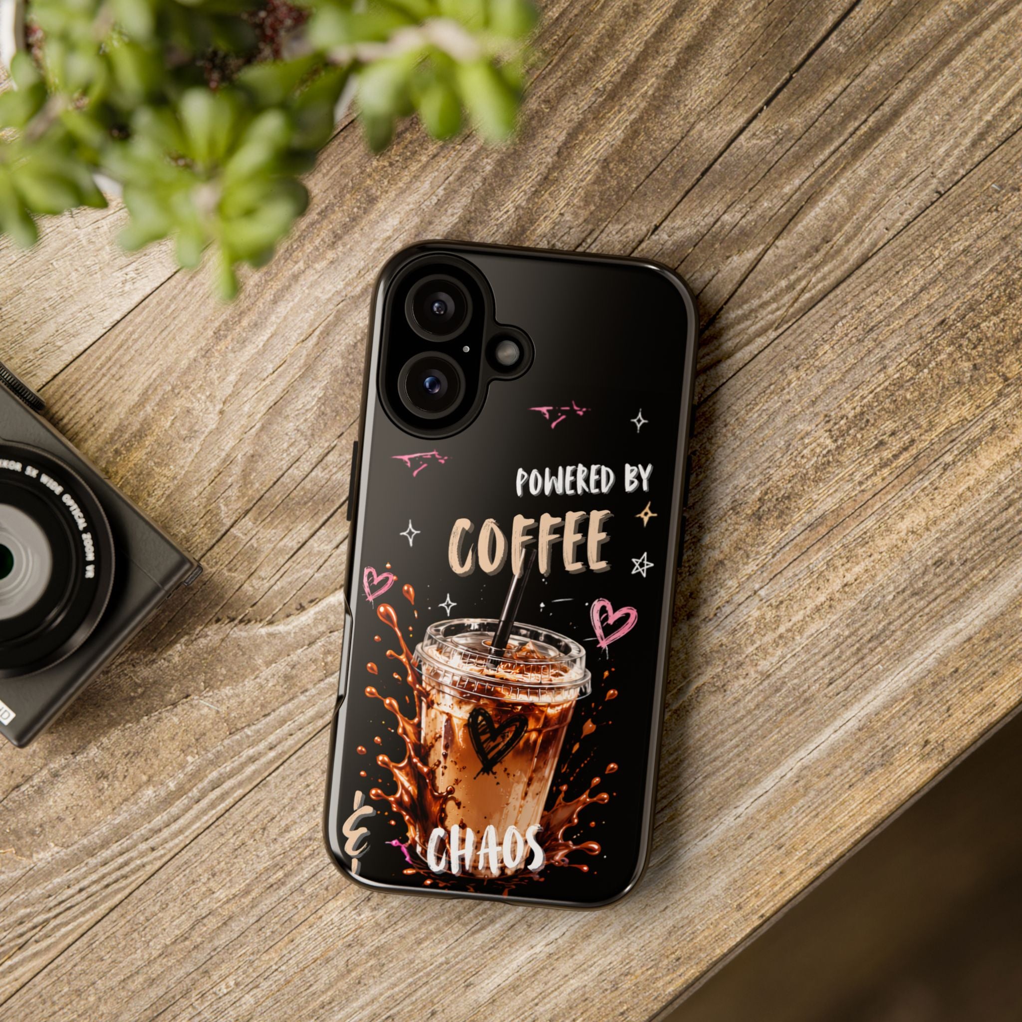 Phone Case — "Powered by Coffee & Chaos" Iced Coffee Protective Cover