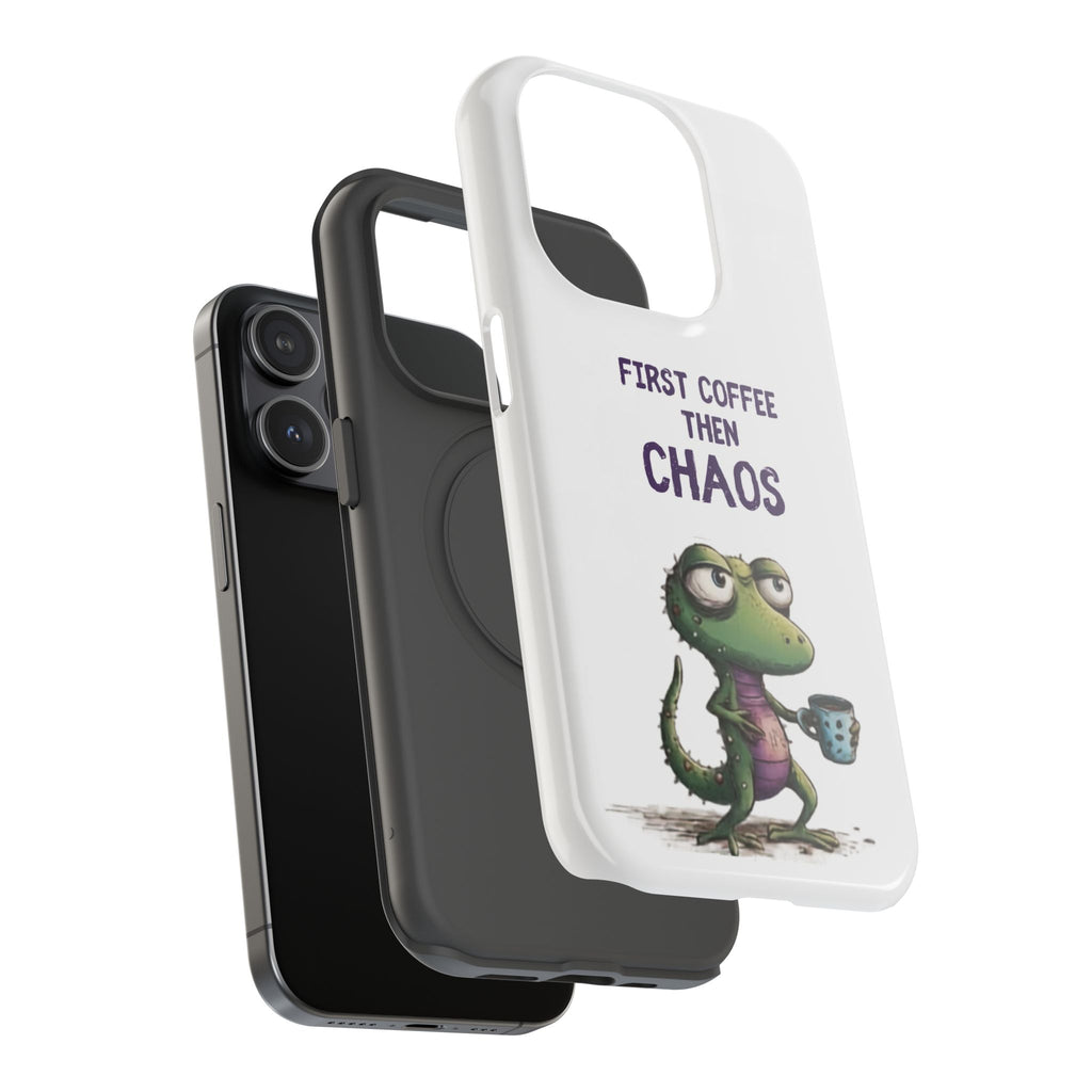 Impact-Resistant Phone Case — "First Coffee Then Chaos" Cute Lizard Coffee Design