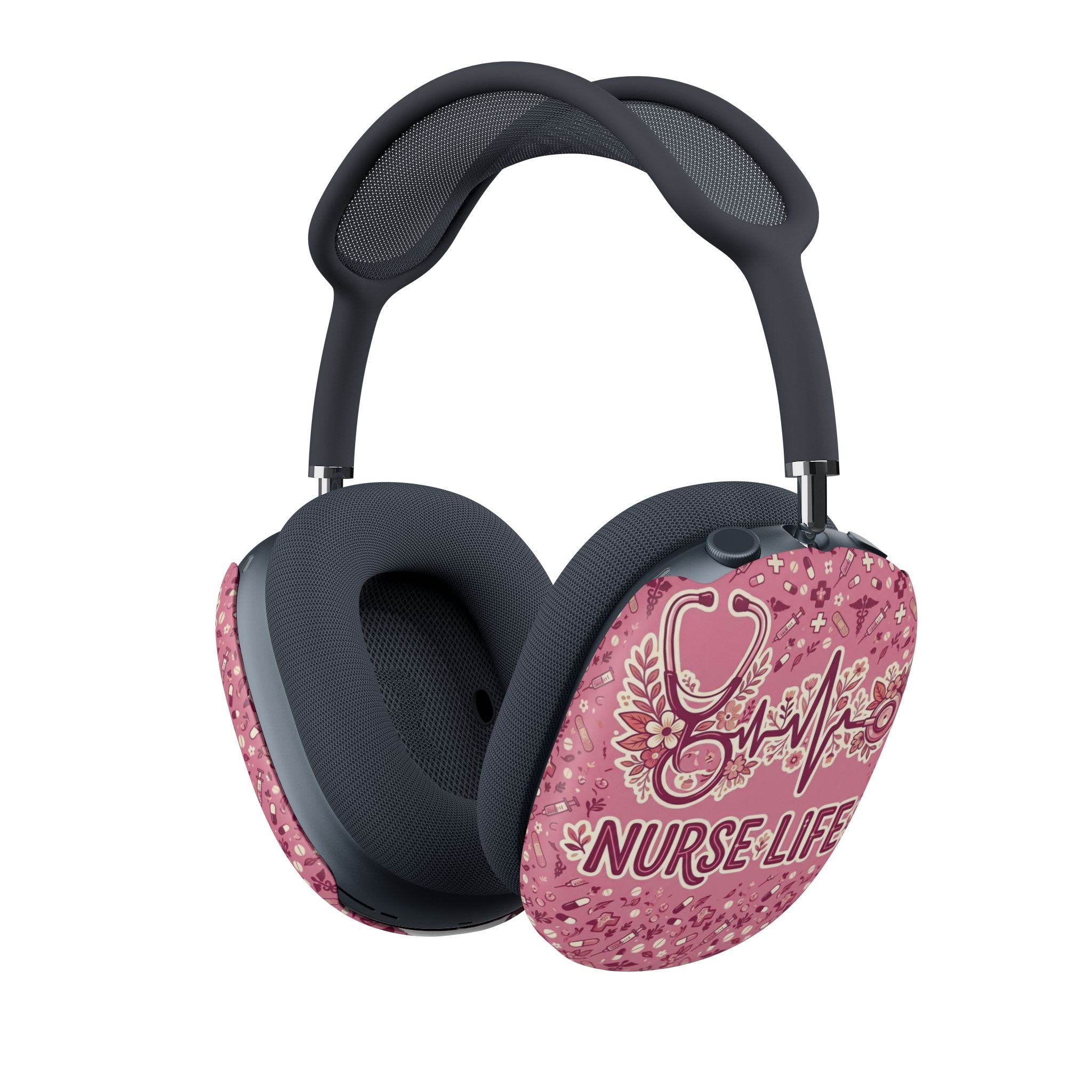 Nurse Life Pink Floral AirPod Max — Stethoscope & EKG Design
