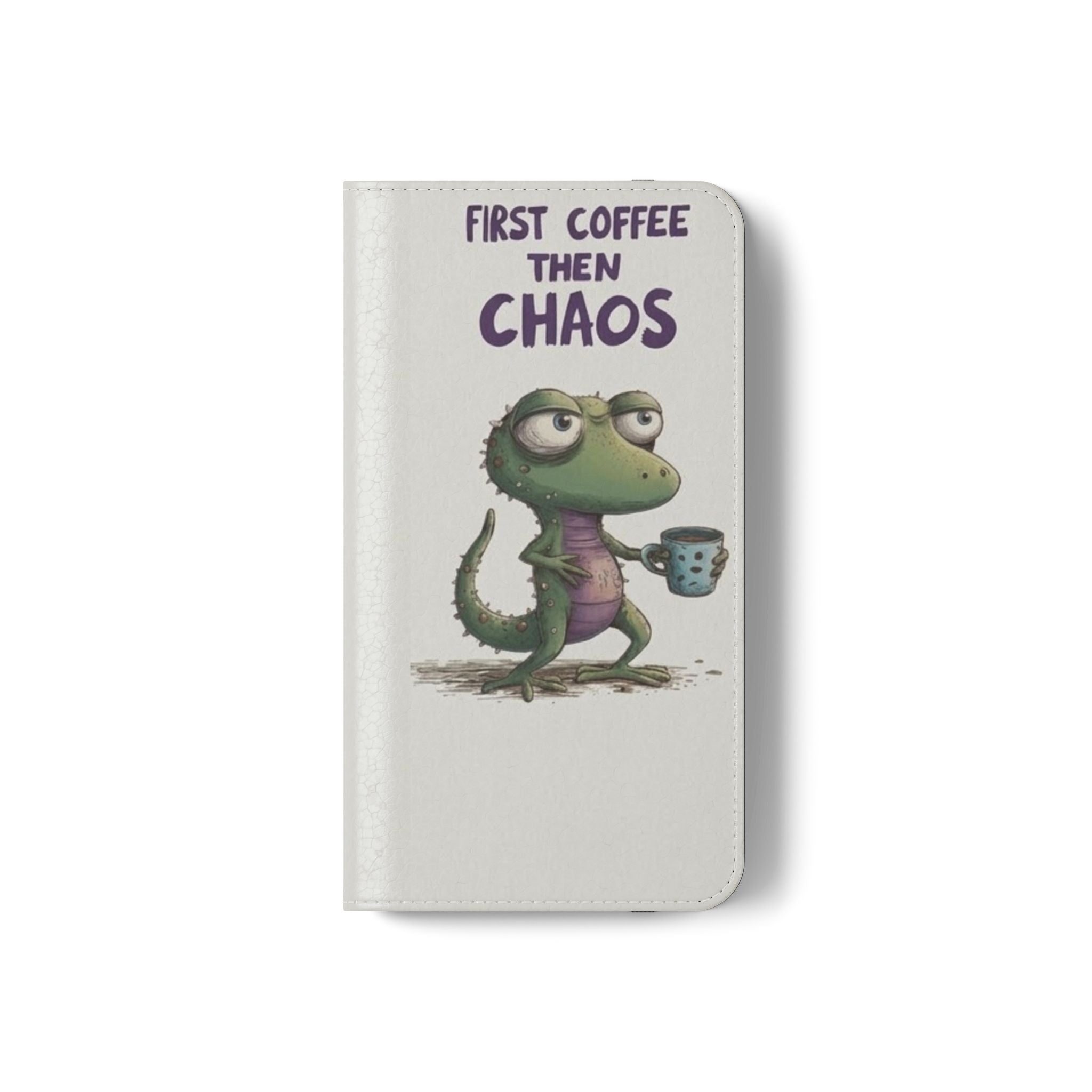 Flip Case — "First Coffee Then Chaos" Cute Dino Phone Wallet