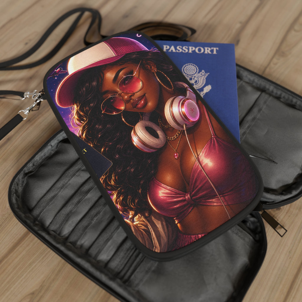 Stylish Afro Girl Passport Wallet – Pink Cap & Headphones Travel Pouch