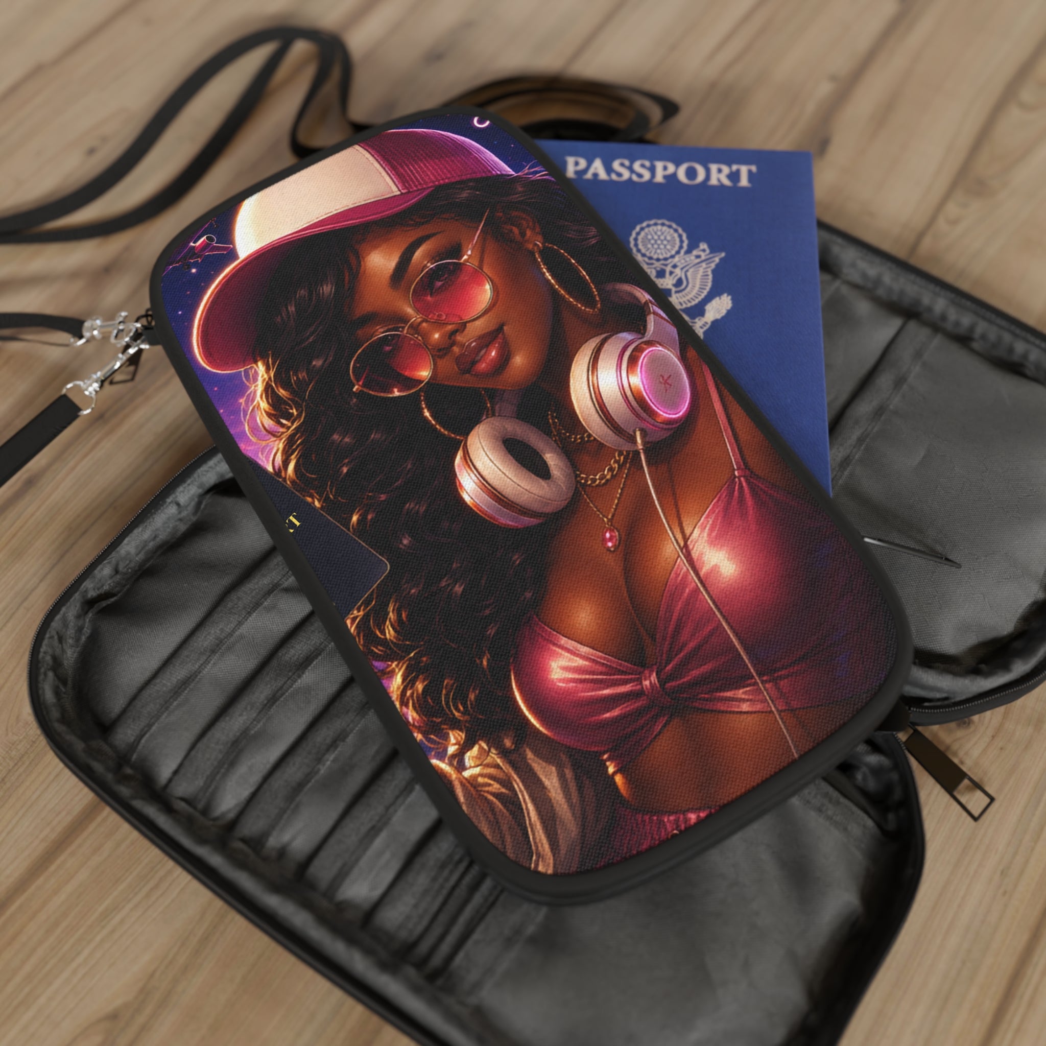 Stylish Afro Girl Passport Wallet – Pink Cap & Headphones Travel Pouch