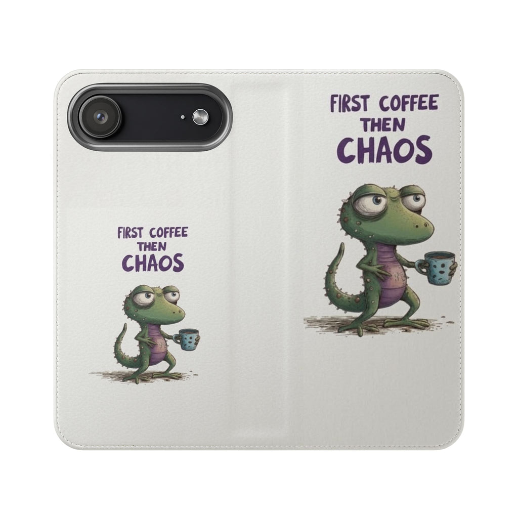 Flip Case — "First Coffee Then Chaos" Cute Dino Phone Wallet