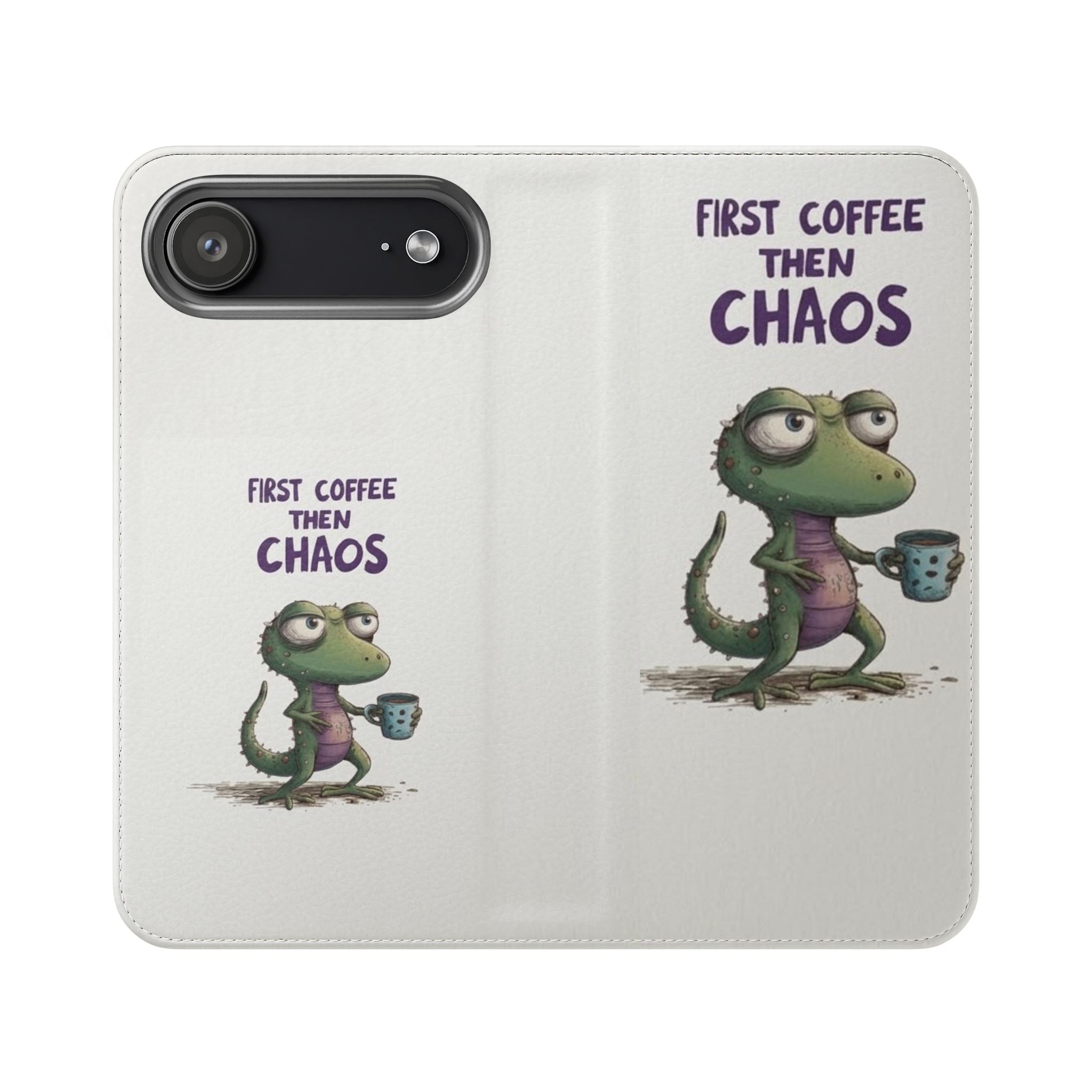 Flip Case — "First Coffee Then Chaos" Cute Dino Phone Wallet