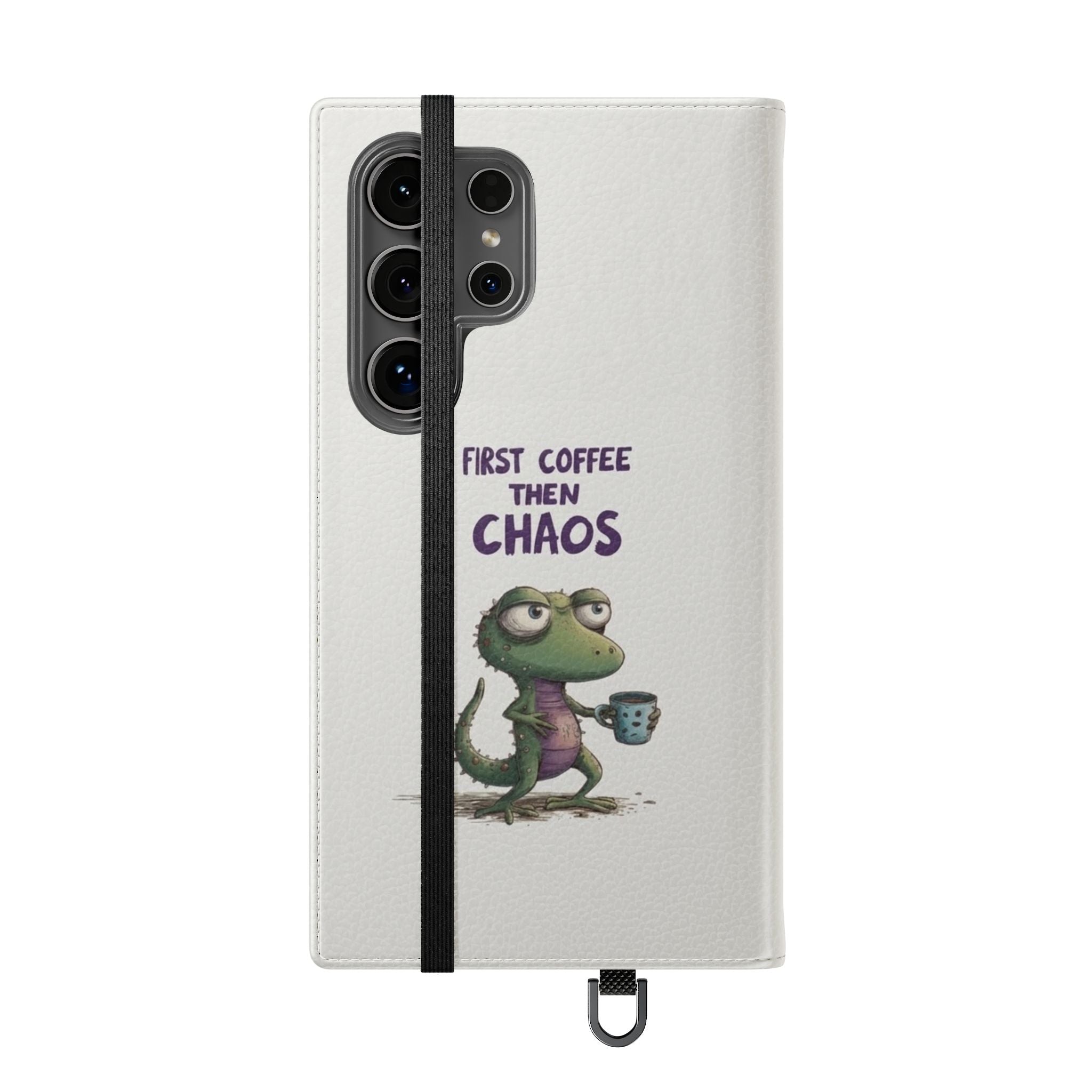 Flip Case — "First Coffee Then Chaos" Cute Dino Phone Wallet