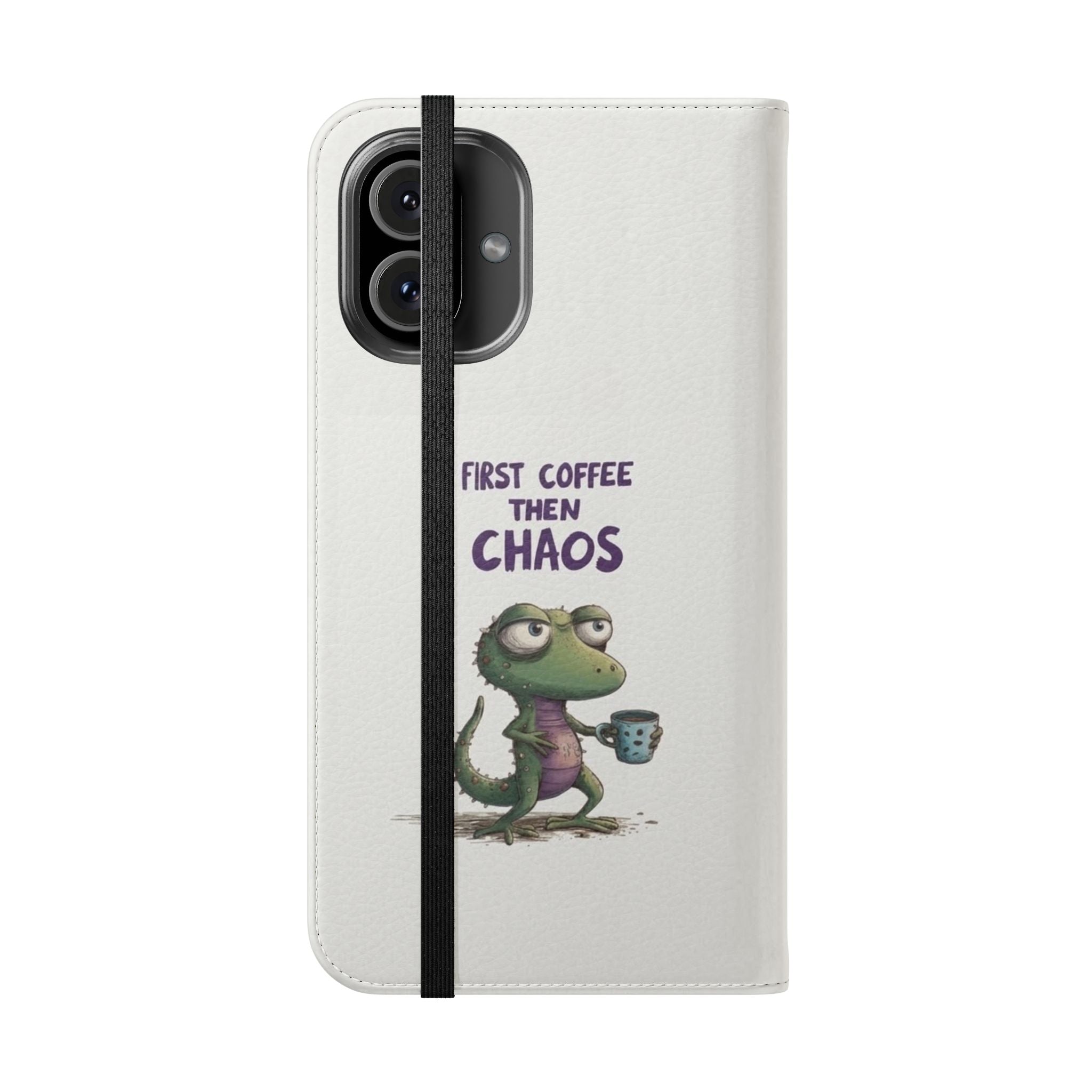 Flip Case — "First Coffee Then Chaos" Cute Dino Phone Wallet