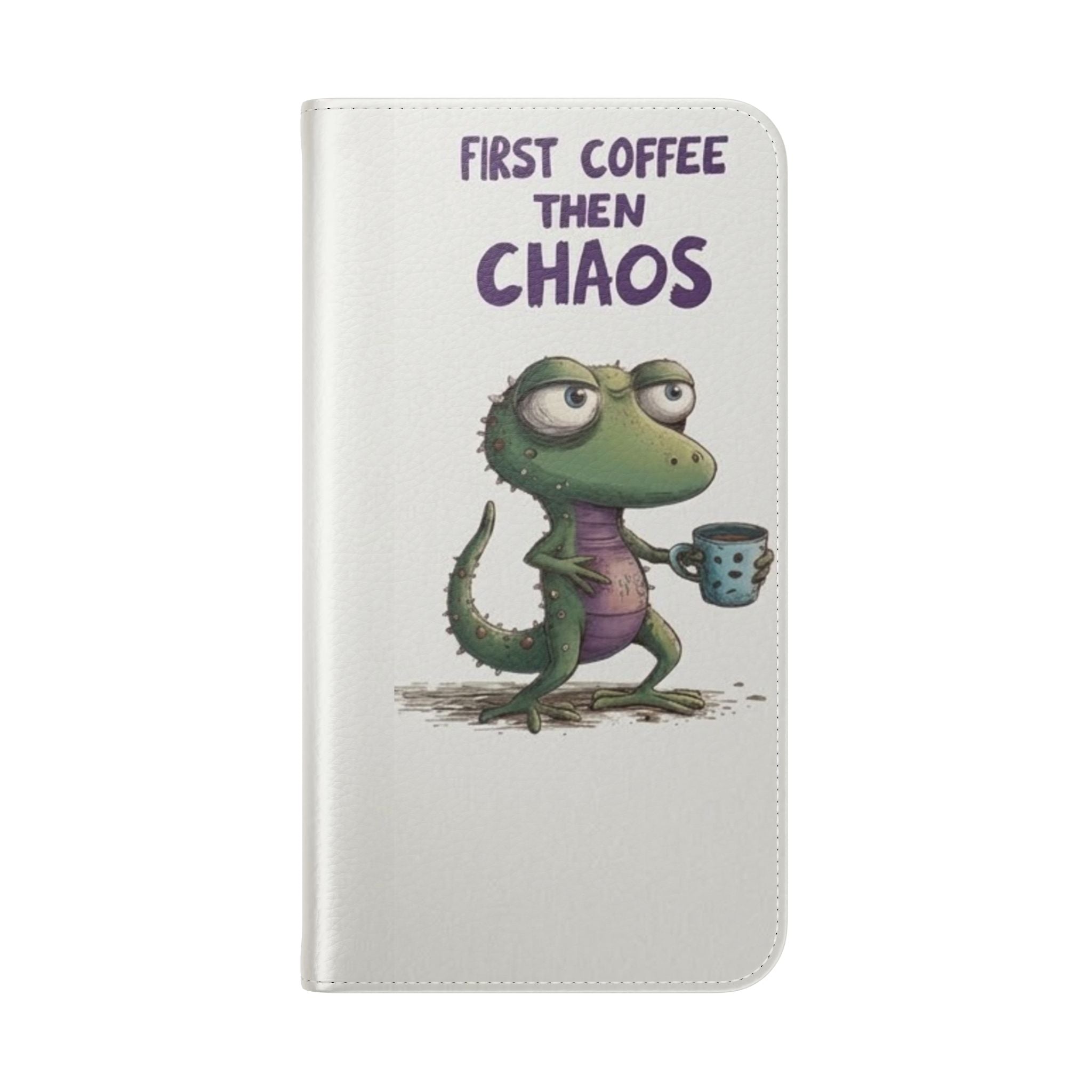 Flip Case — "First Coffee Then Chaos" Cute Dino Phone Wallet