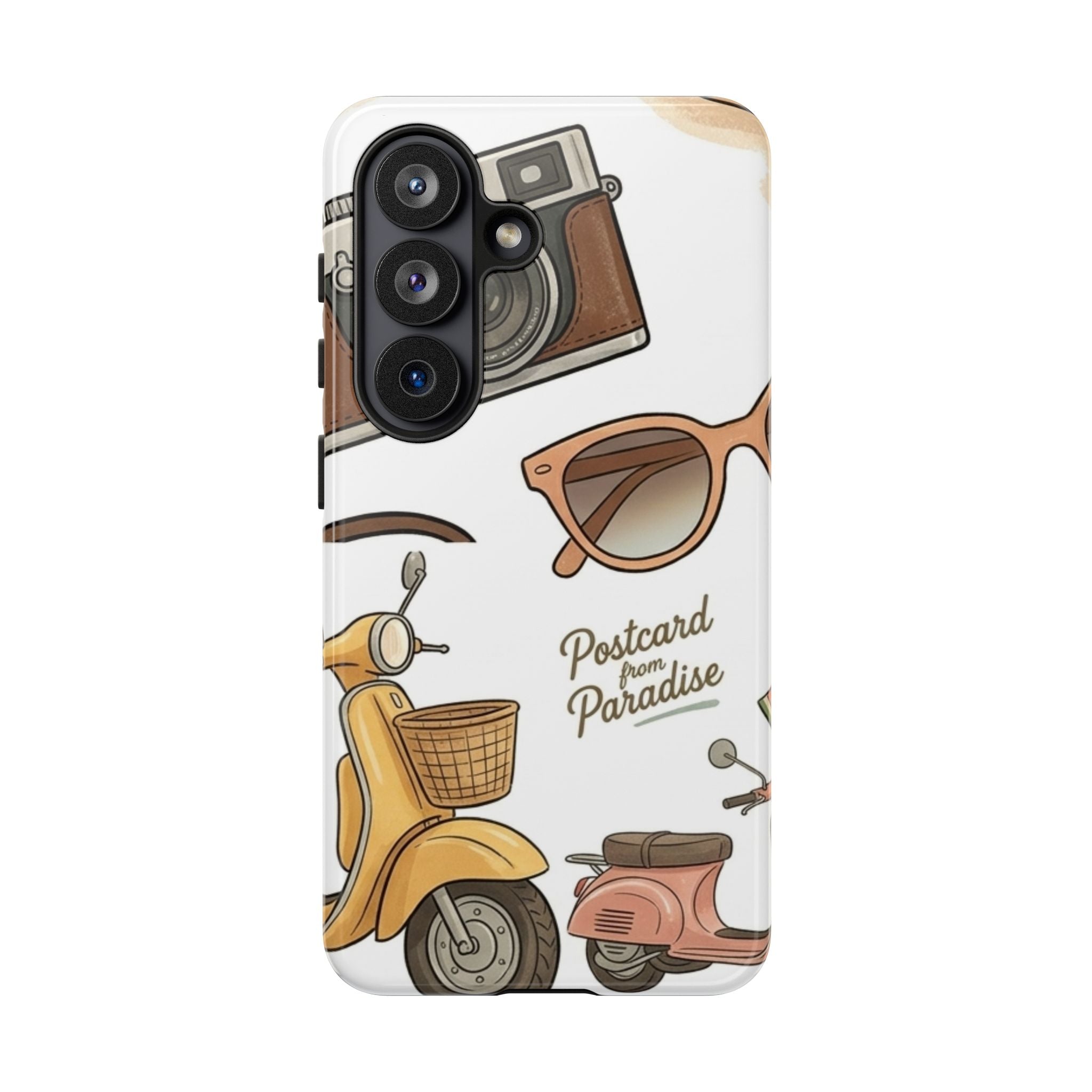 Vintage Summer Beach Phone Case — Feminine Travel Pattern with Cameras, Sunglasses & Scooter