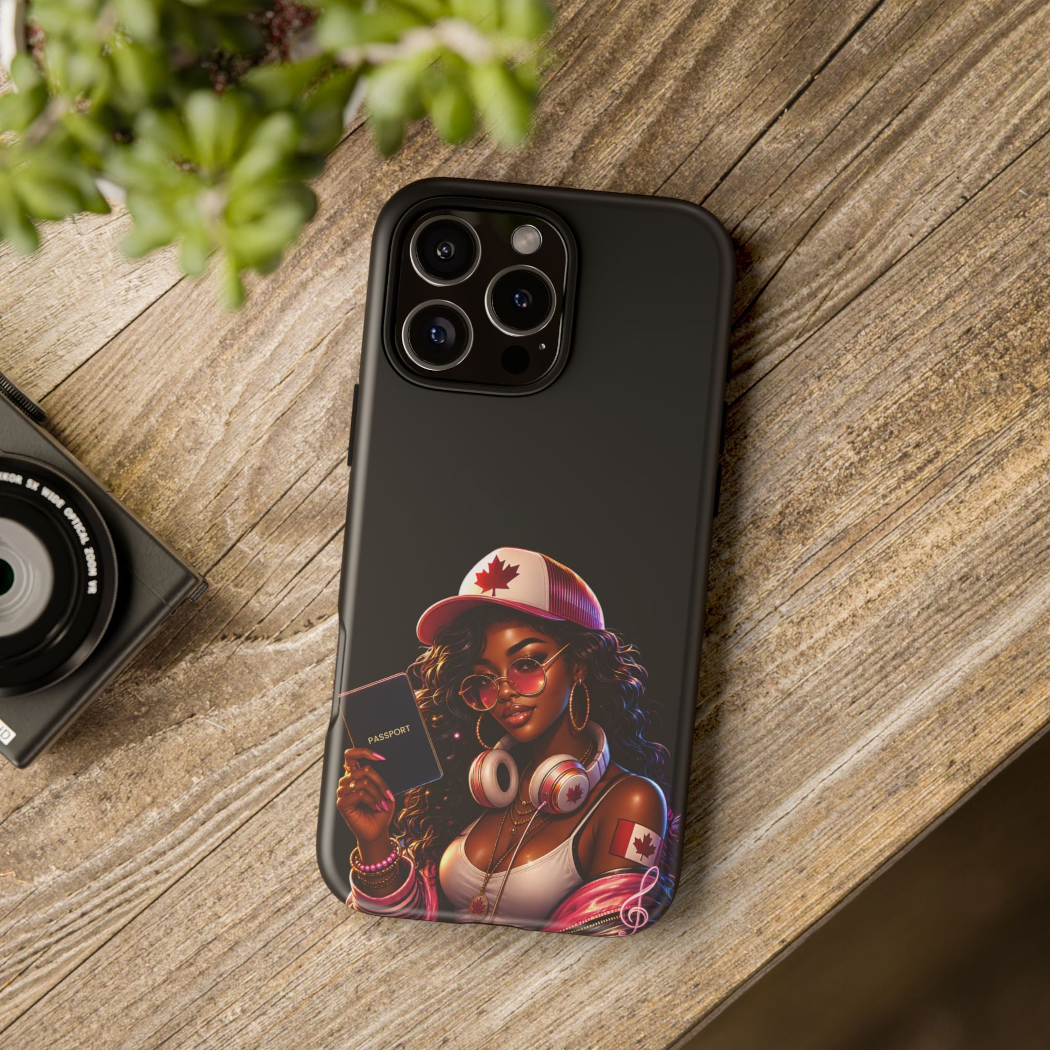 Canadian Vibes Phone Case — Afrobeat Girl with Headphones & Passport Design