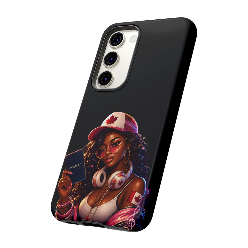 Canadian Vibes Phone Case — Afrobeat Girl with Headphones & Passport Design
