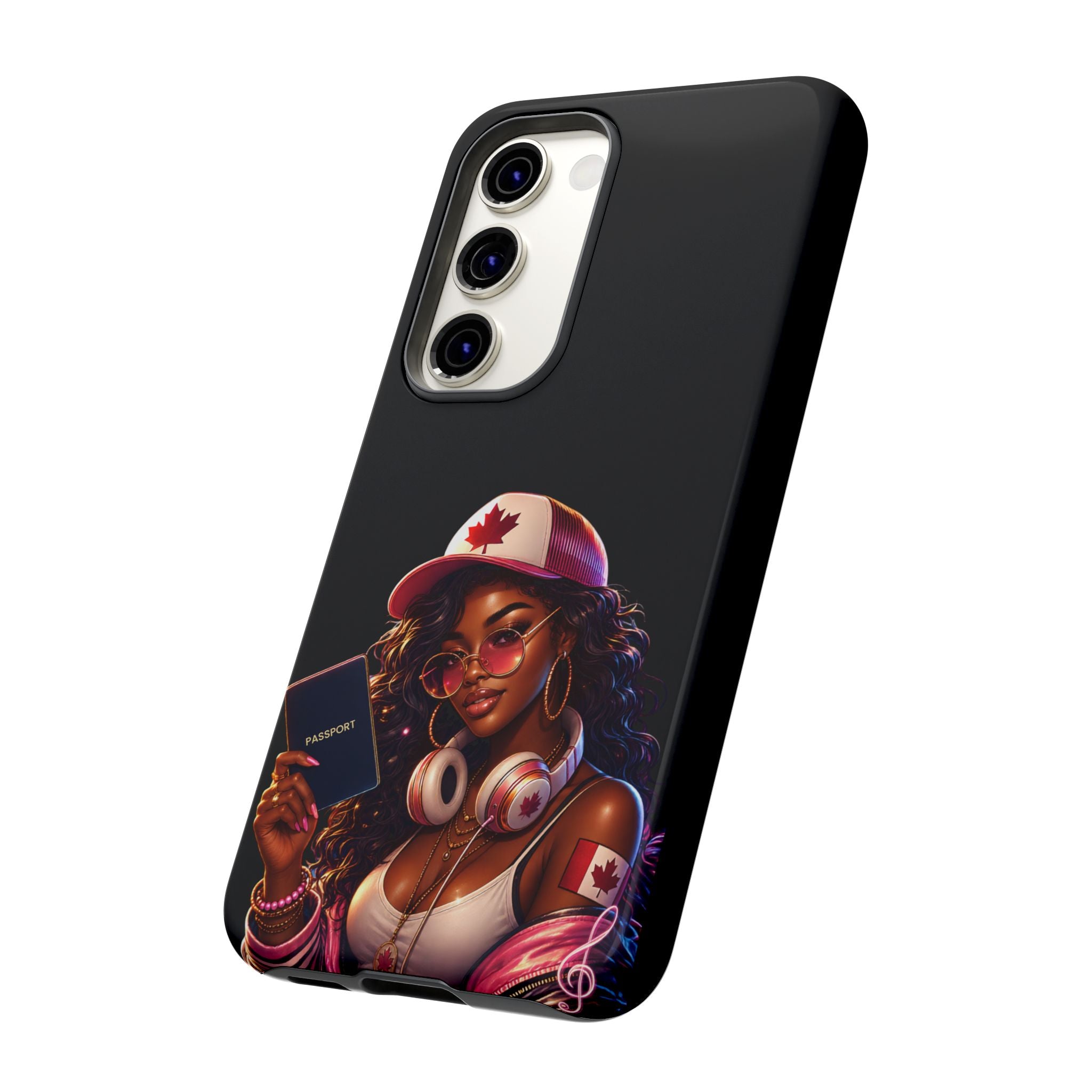 Canadian Vibes Phone Case — Afrobeat Girl with Headphones & Passport Design