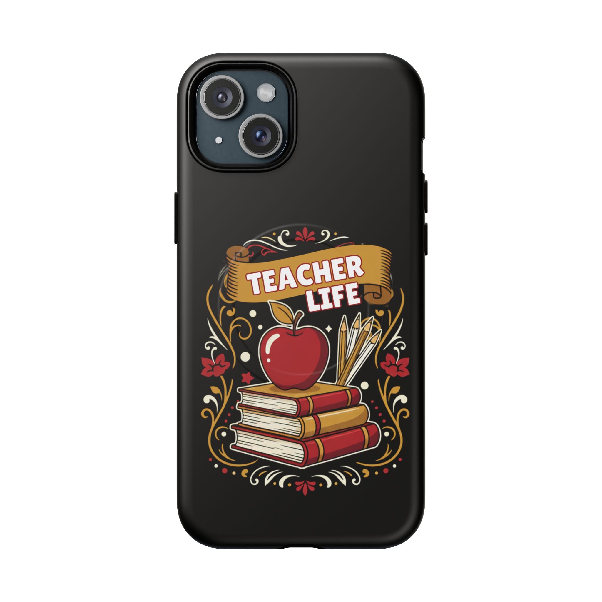 Teacher Life Phone Case - Tough Magnetic Protective Cover with Apple & Books Design