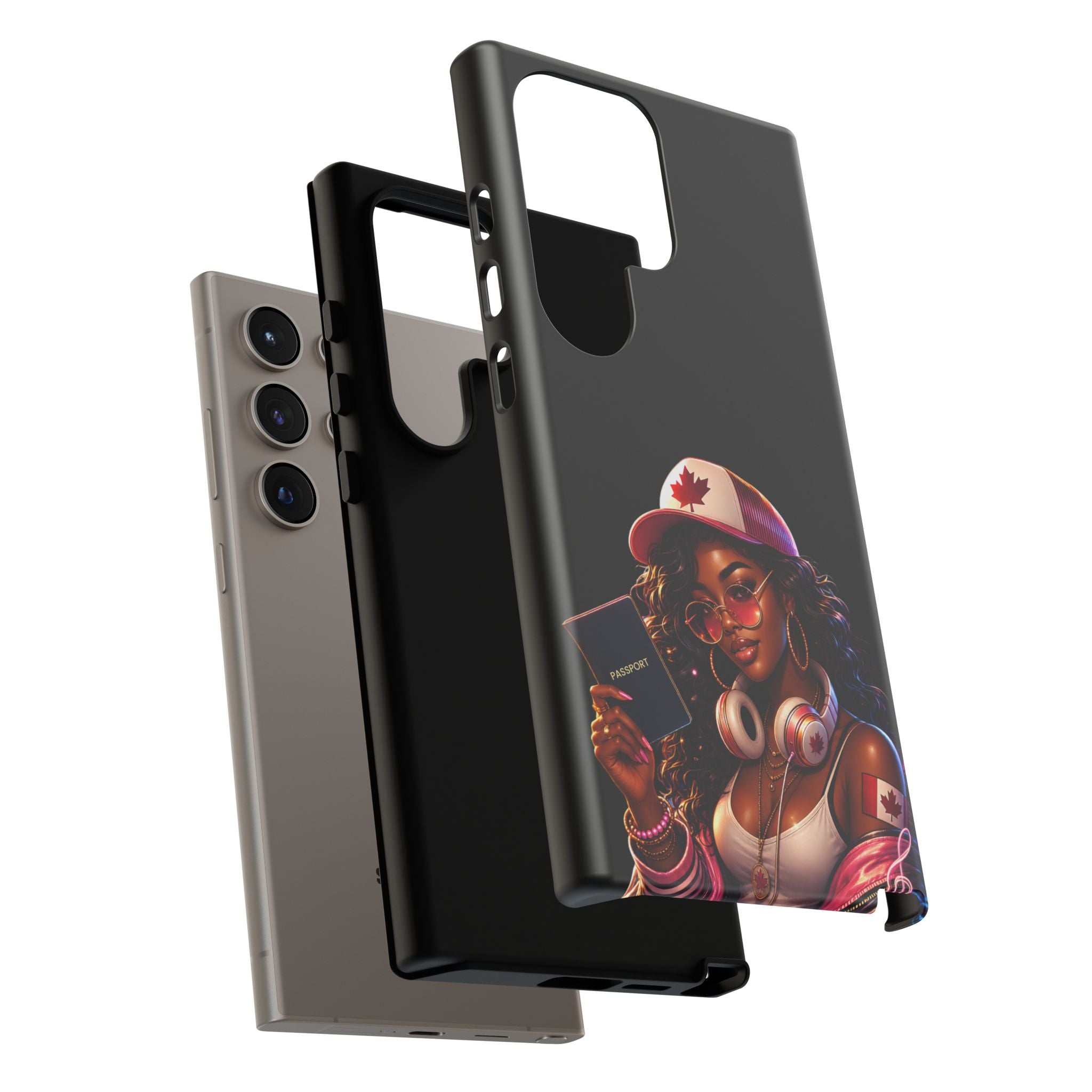 Canadian Vibes Phone Case — Afrobeat Girl with Headphones & Passport Design