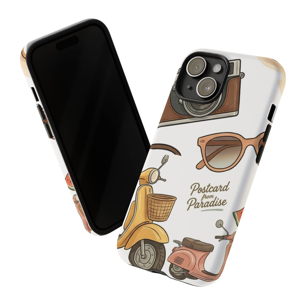 Vintage Summer Beach Phone Case — Feminine Travel Pattern with Cameras, Sunglasses & Scooter