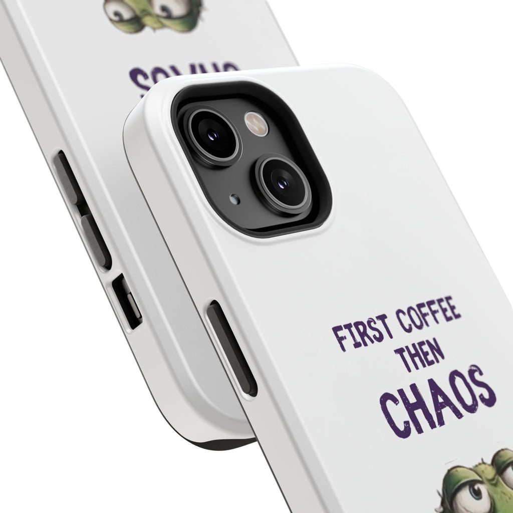 Impact-Resistant Phone Case — "First Coffee Then Chaos" Cute Lizard Coffee Design
