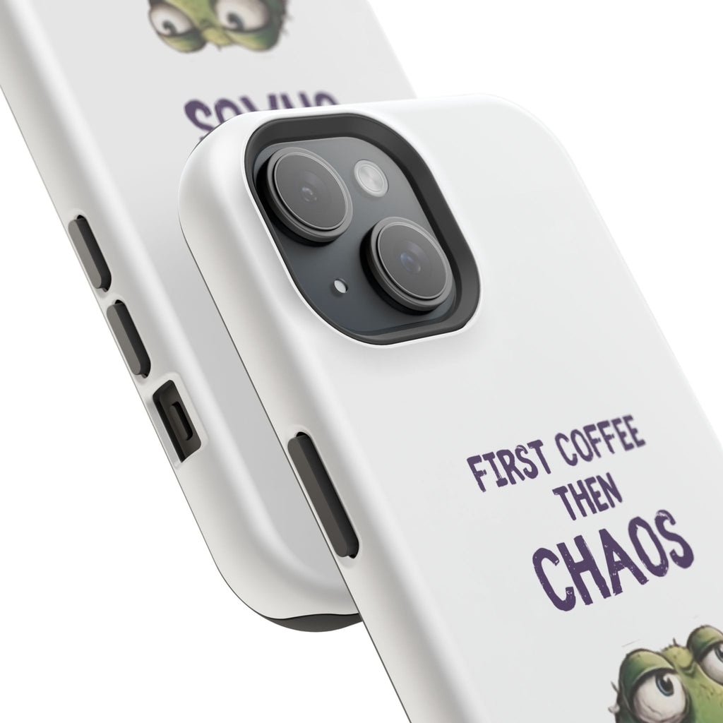Impact-Resistant Phone Case — "First Coffee Then Chaos" Cute Lizard Coffee Design