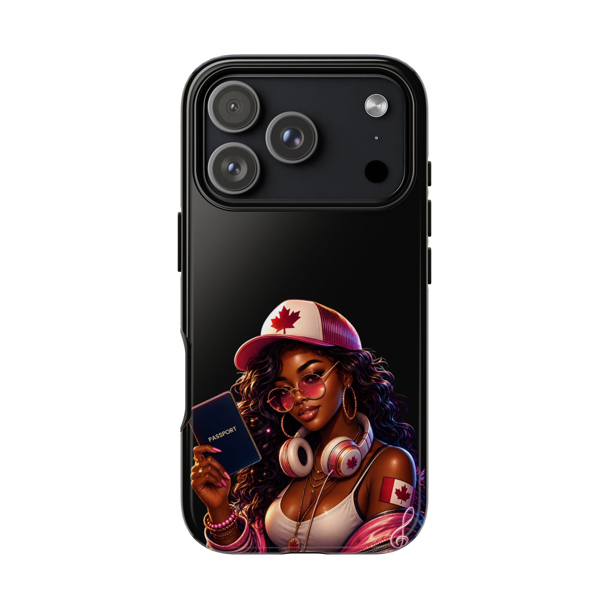 Canadian Vibes Phone Case — Afrobeat Girl with Headphones & Passport Design