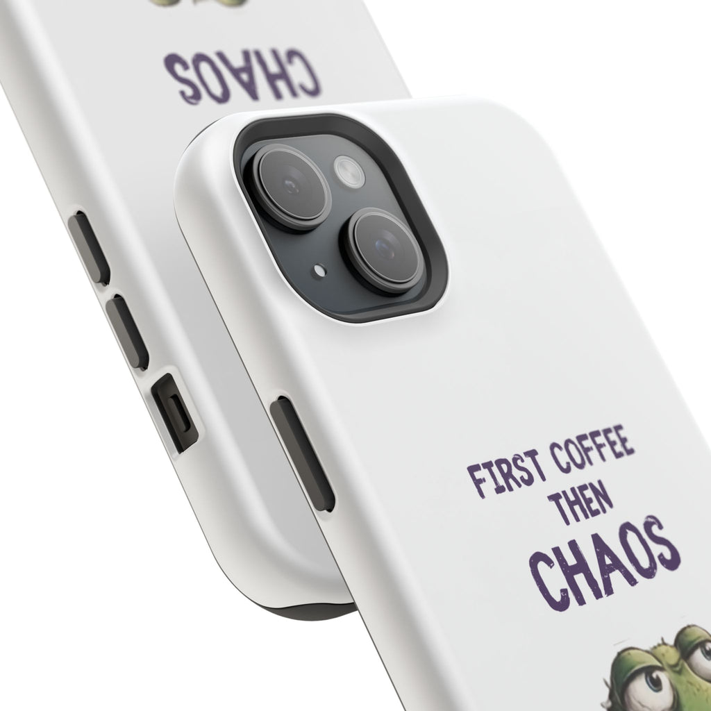 Impact-Resistant Phone Case — "First Coffee Then Chaos" Cute Lizard Coffee Design