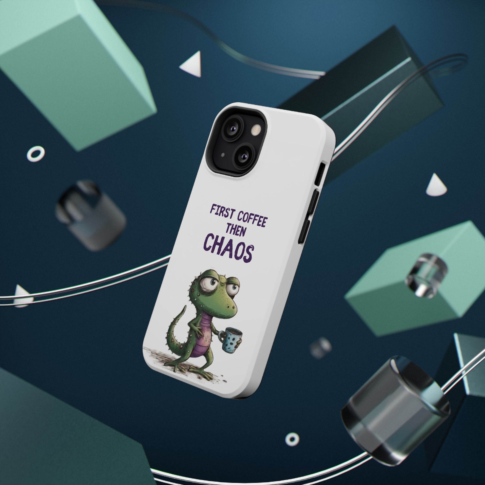 Impact-Resistant Phone Case — "First Coffee Then Chaos" Cute Lizard Coffee Design