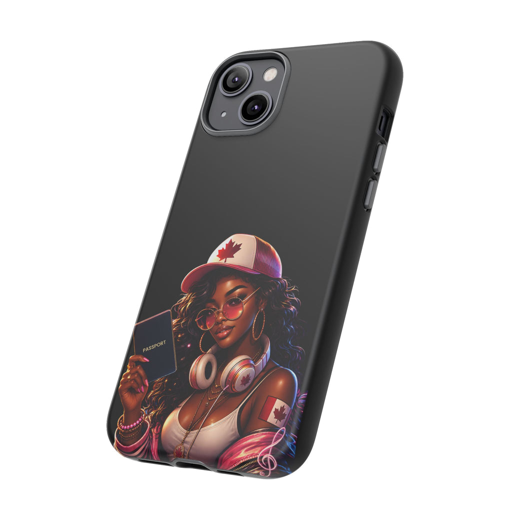 Canadian Vibes Phone Case — Afrobeat Girl with Headphones & Passport Design