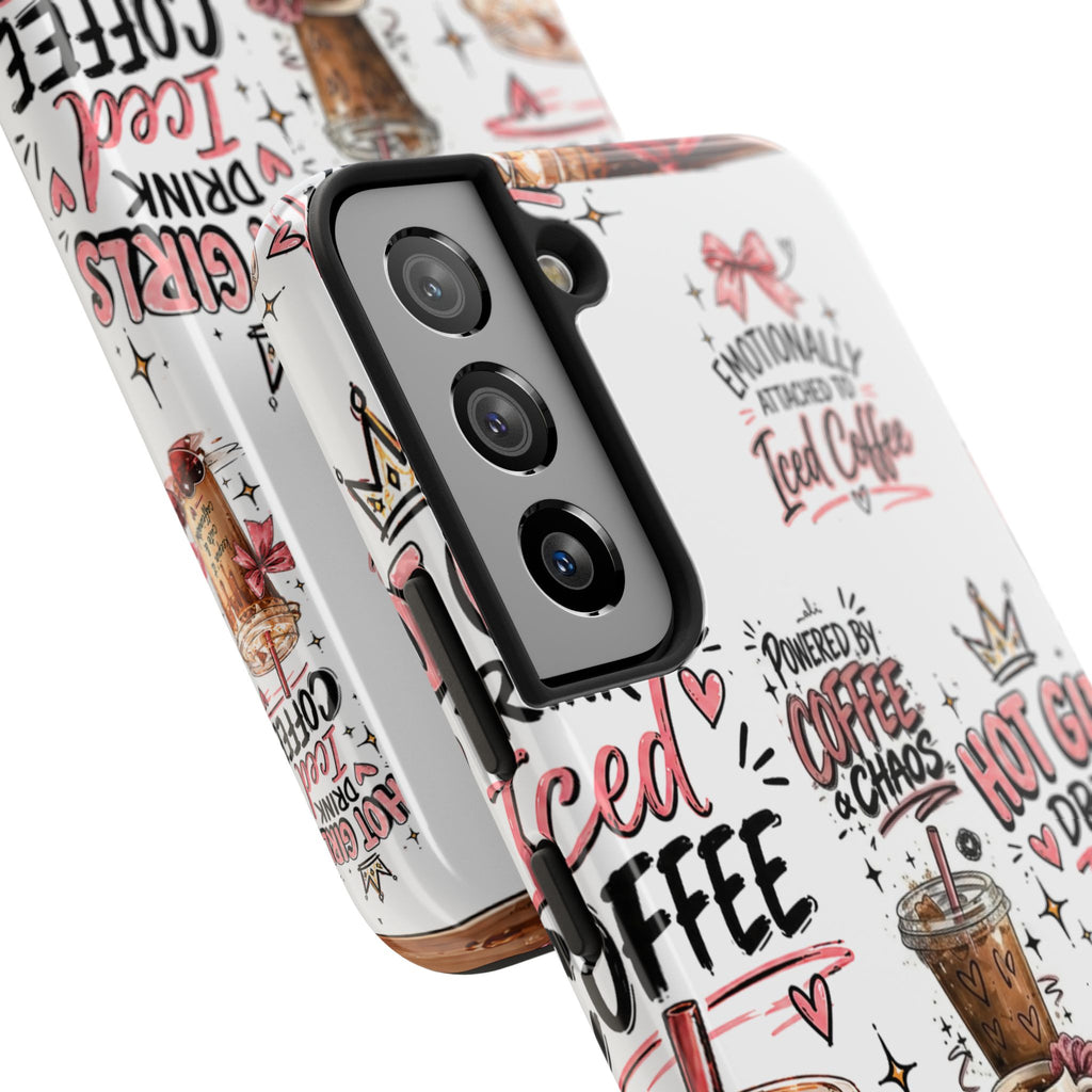 Iced Coffee Pattern Phone Case – "Powered by Coffee & Chaos" Tough Protective Case
