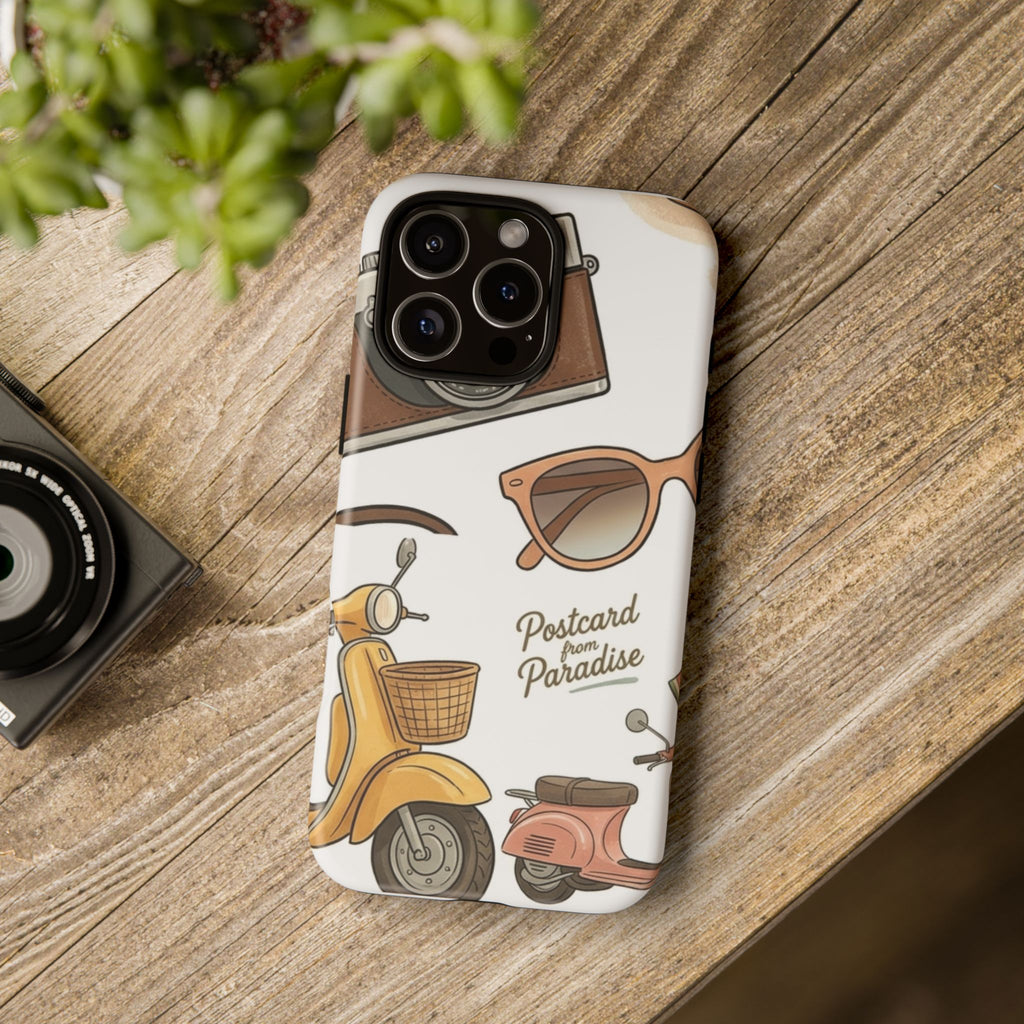Vintage Summer Beach Phone Case — Feminine Travel Pattern with Cameras, Sunglasses & Scooter