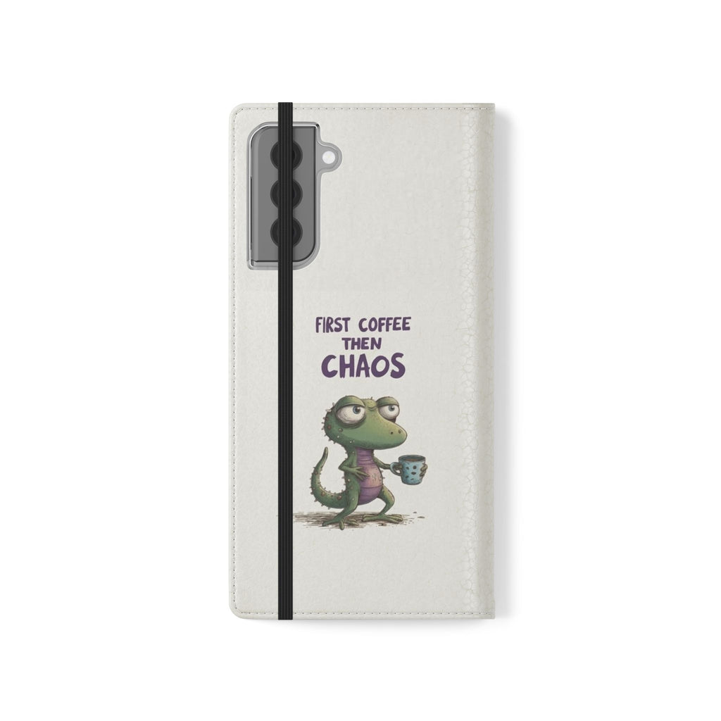 Flip Case — "First Coffee Then Chaos" Cute Dino Phone Wallet