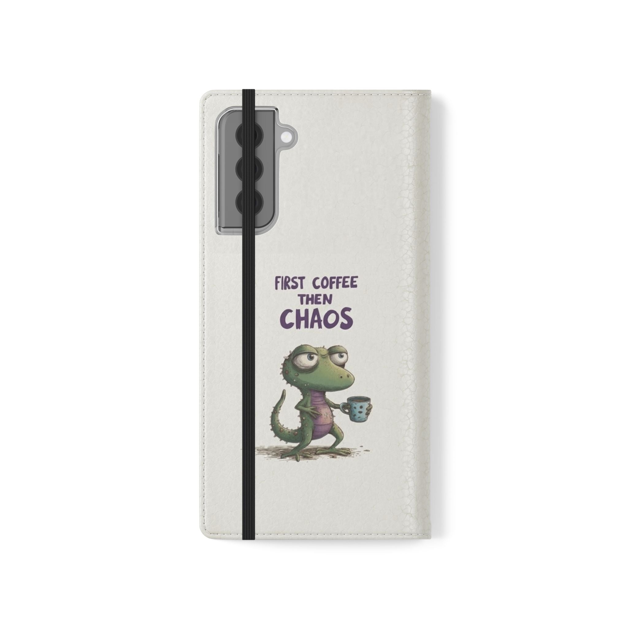 Flip Case — "First Coffee Then Chaos" Cute Dino Phone Wallet