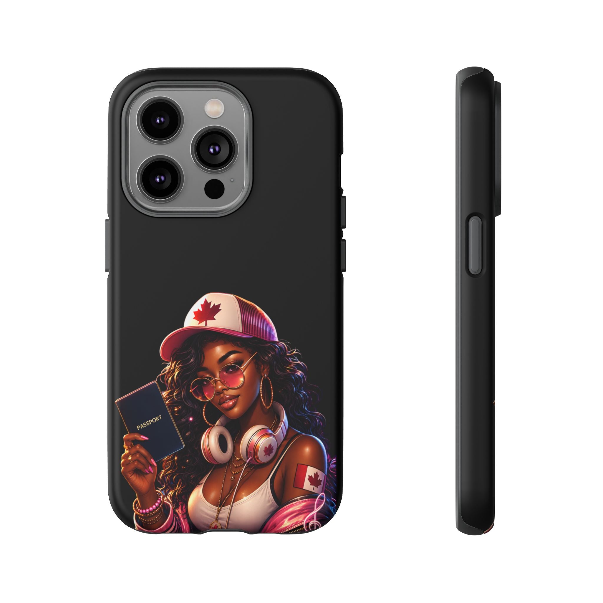 Canadian Vibes Phone Case — Afrobeat Girl with Headphones & Passport Design