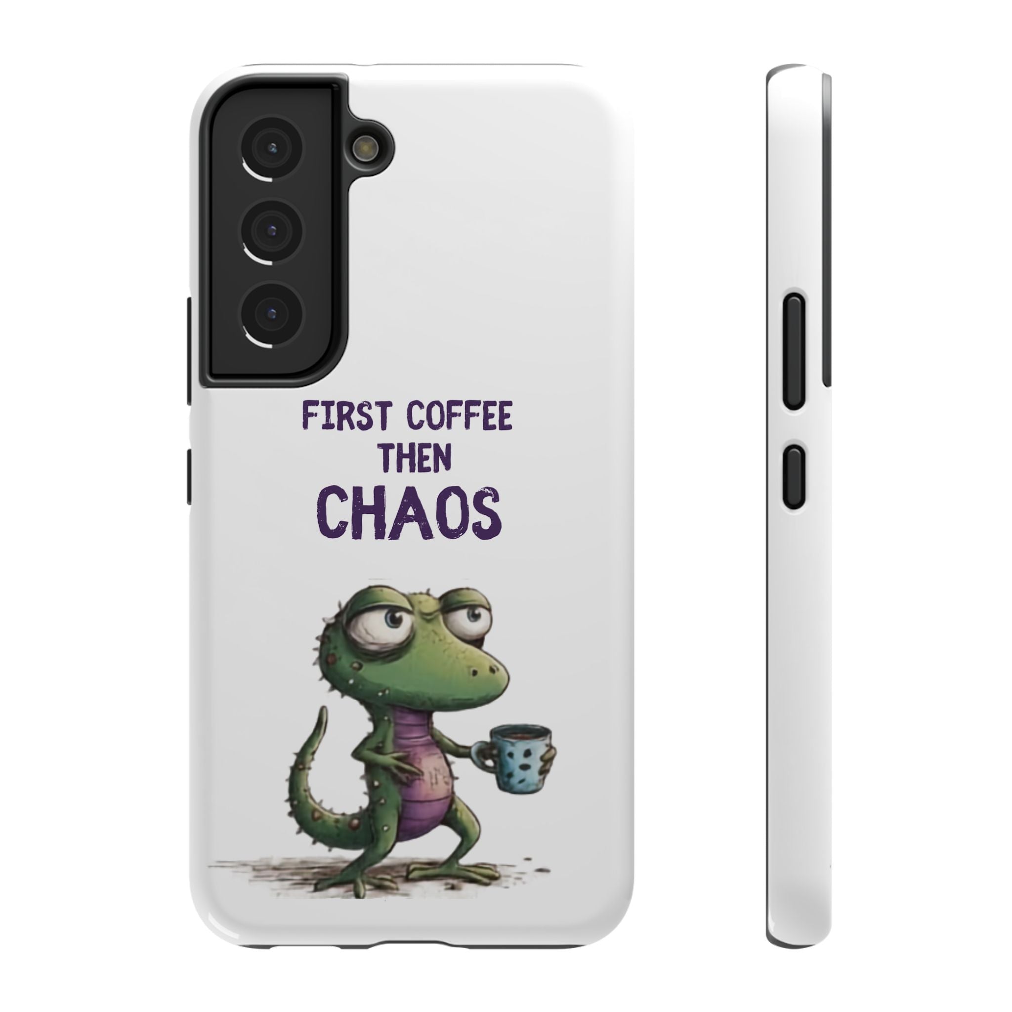 Impact-Resistant Phone Case — "First Coffee Then Chaos" Cute Lizard Coffee Design