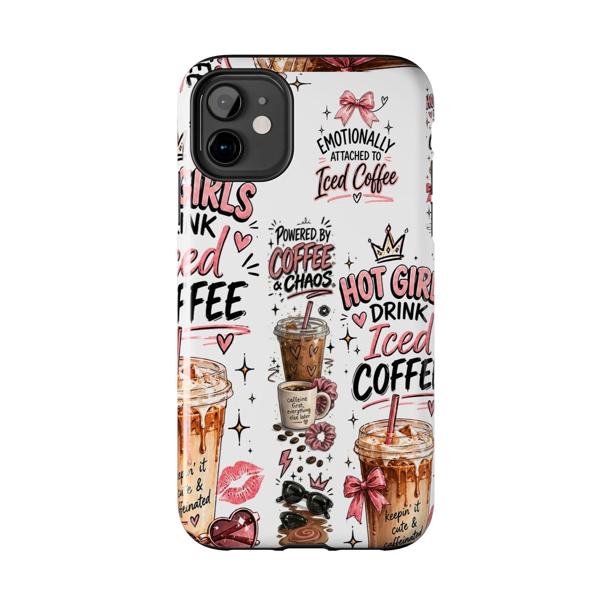 Iced Coffee Pattern Phone Case – "Powered by Coffee & Chaos" Tough Protective Case