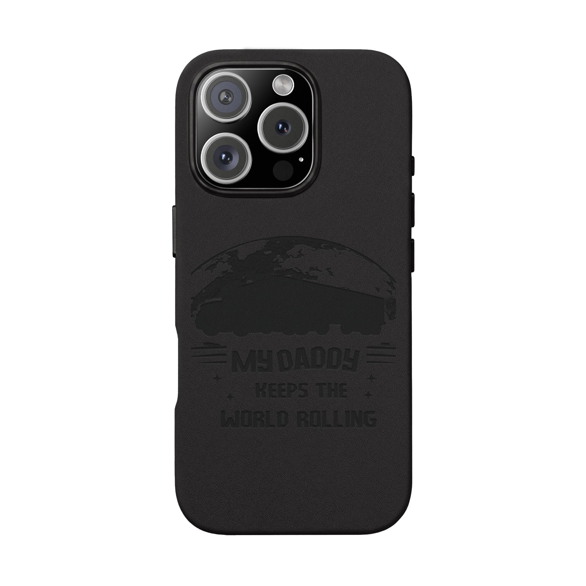 Engraved PU Leather Phone Case — 'Mhdaddy Keeps the World Rolling' Vintage Van Design