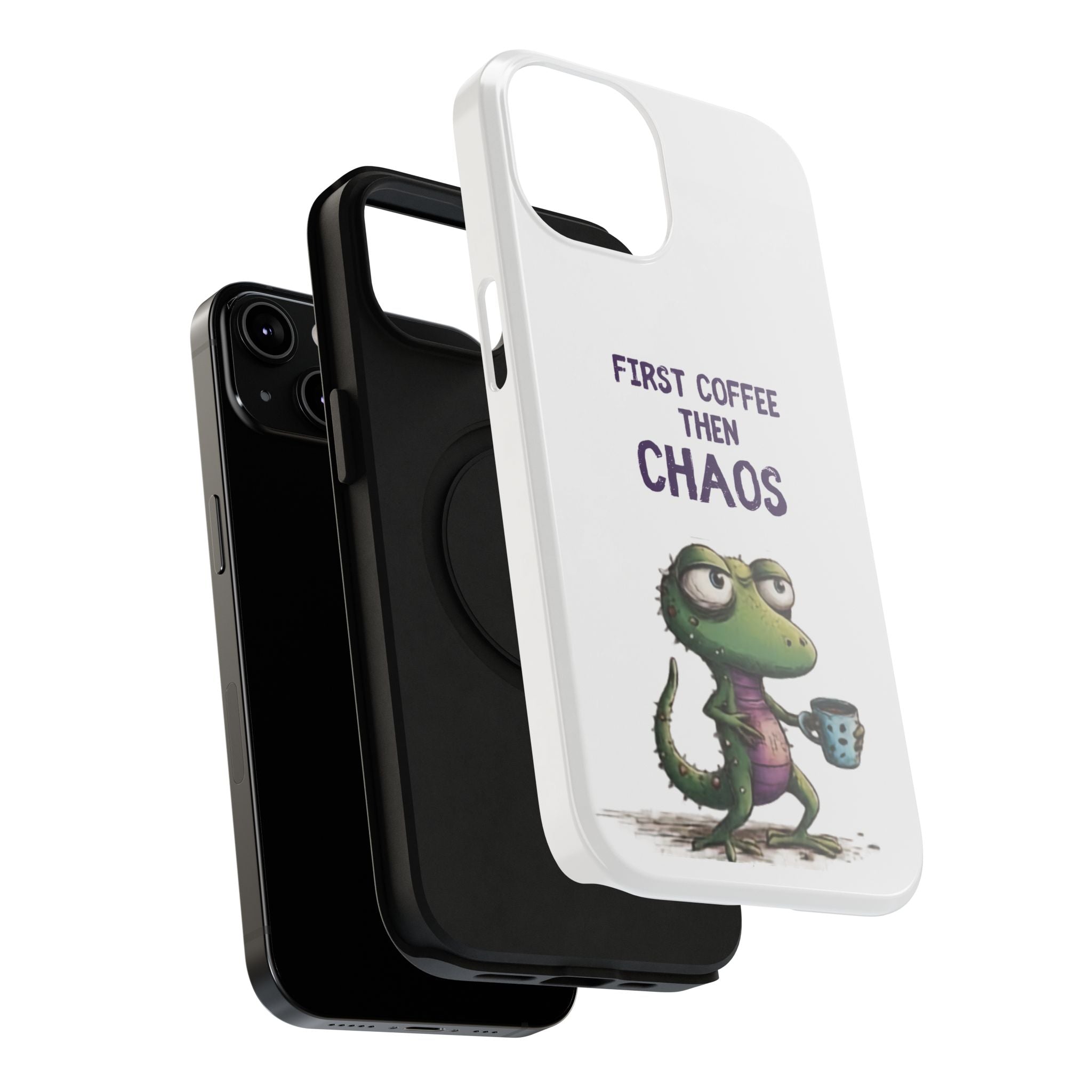 Impact-Resistant Phone Case — "First Coffee Then Chaos" Cute Lizard Coffee Design