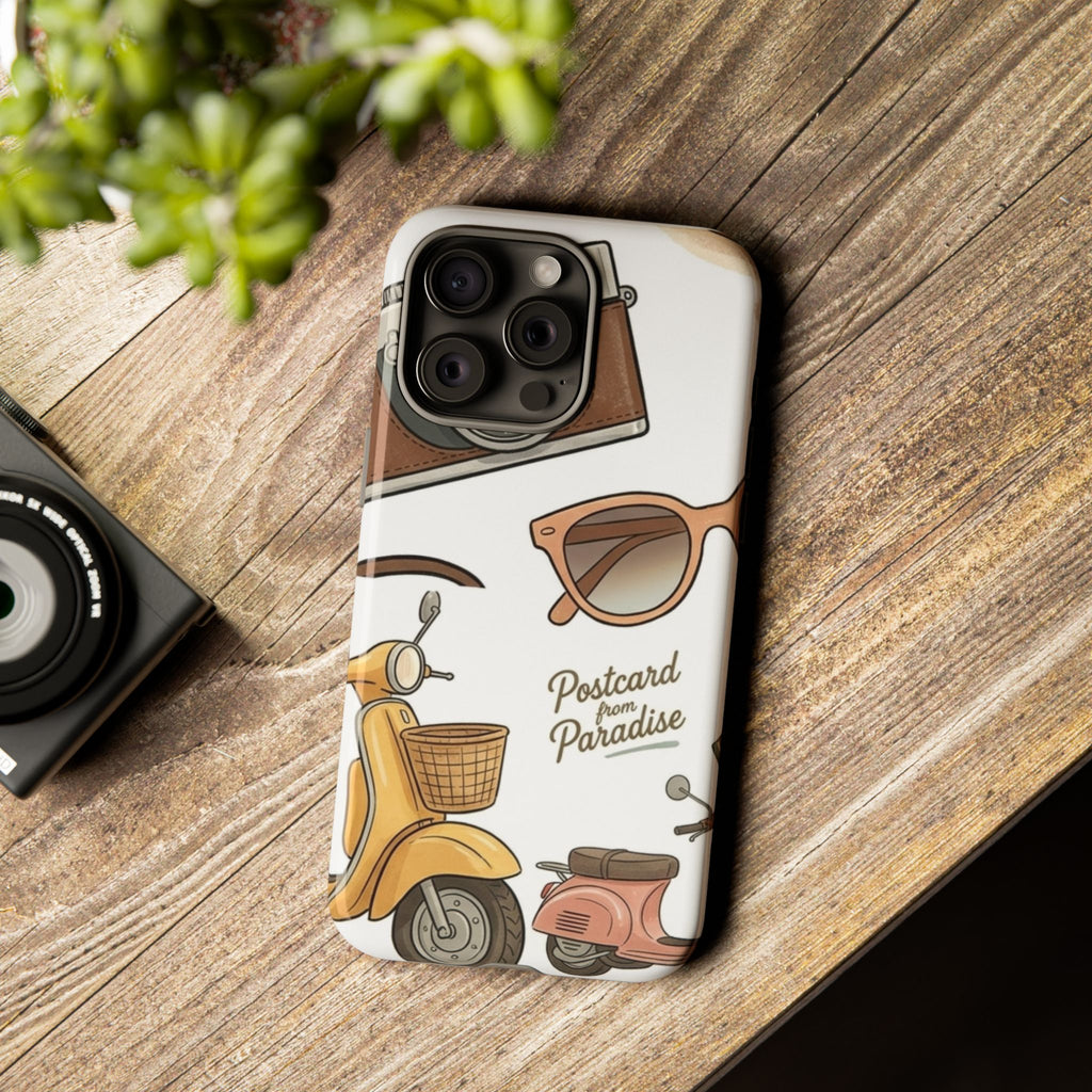 Vintage Summer Beach Phone Case — Feminine Travel Pattern with Cameras, Sunglasses & Scooter