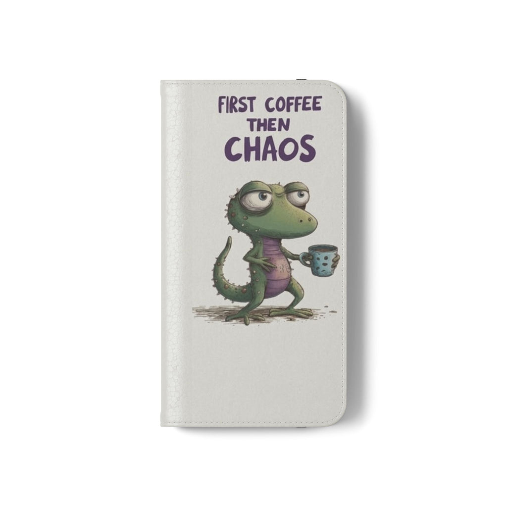 Flip Case — "First Coffee Then Chaos" Cute Dino Phone Wallet