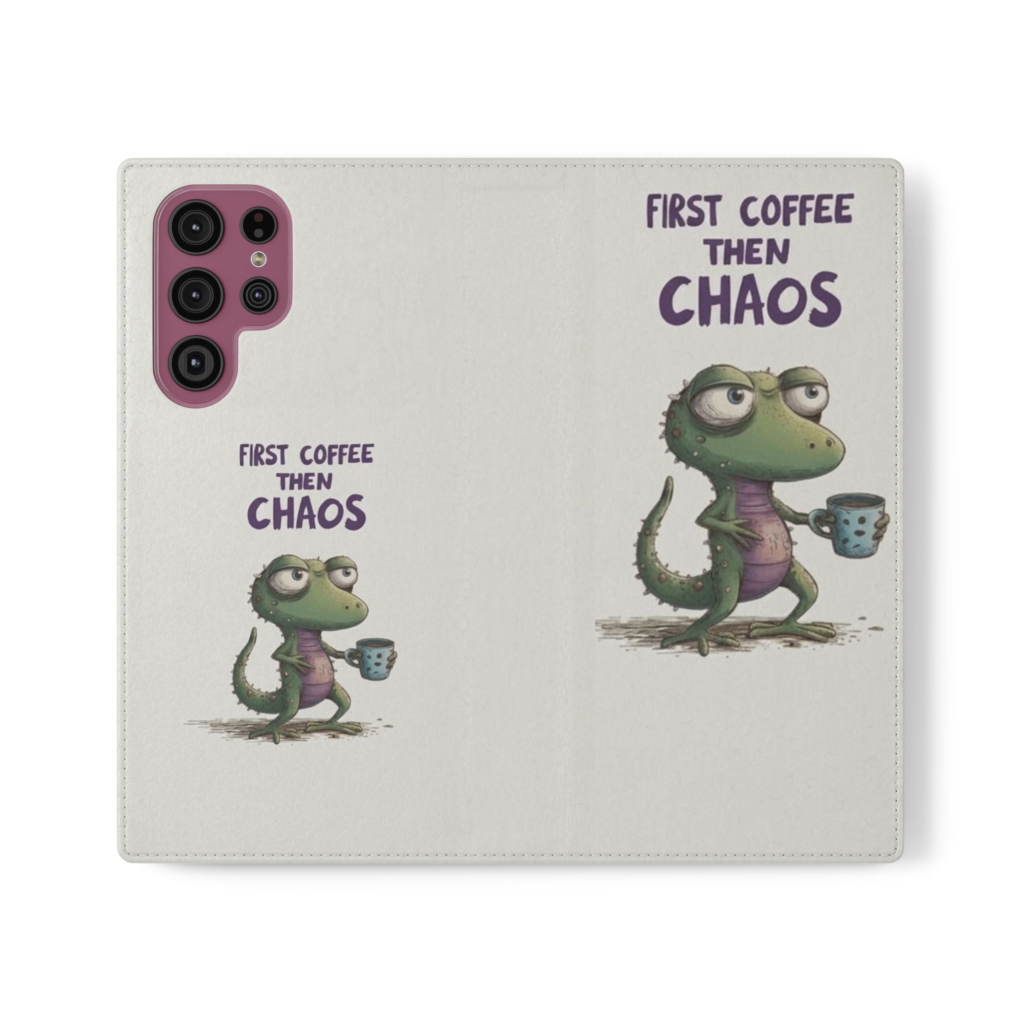 Flip Case — "First Coffee Then Chaos" Cute Dino Phone Wallet