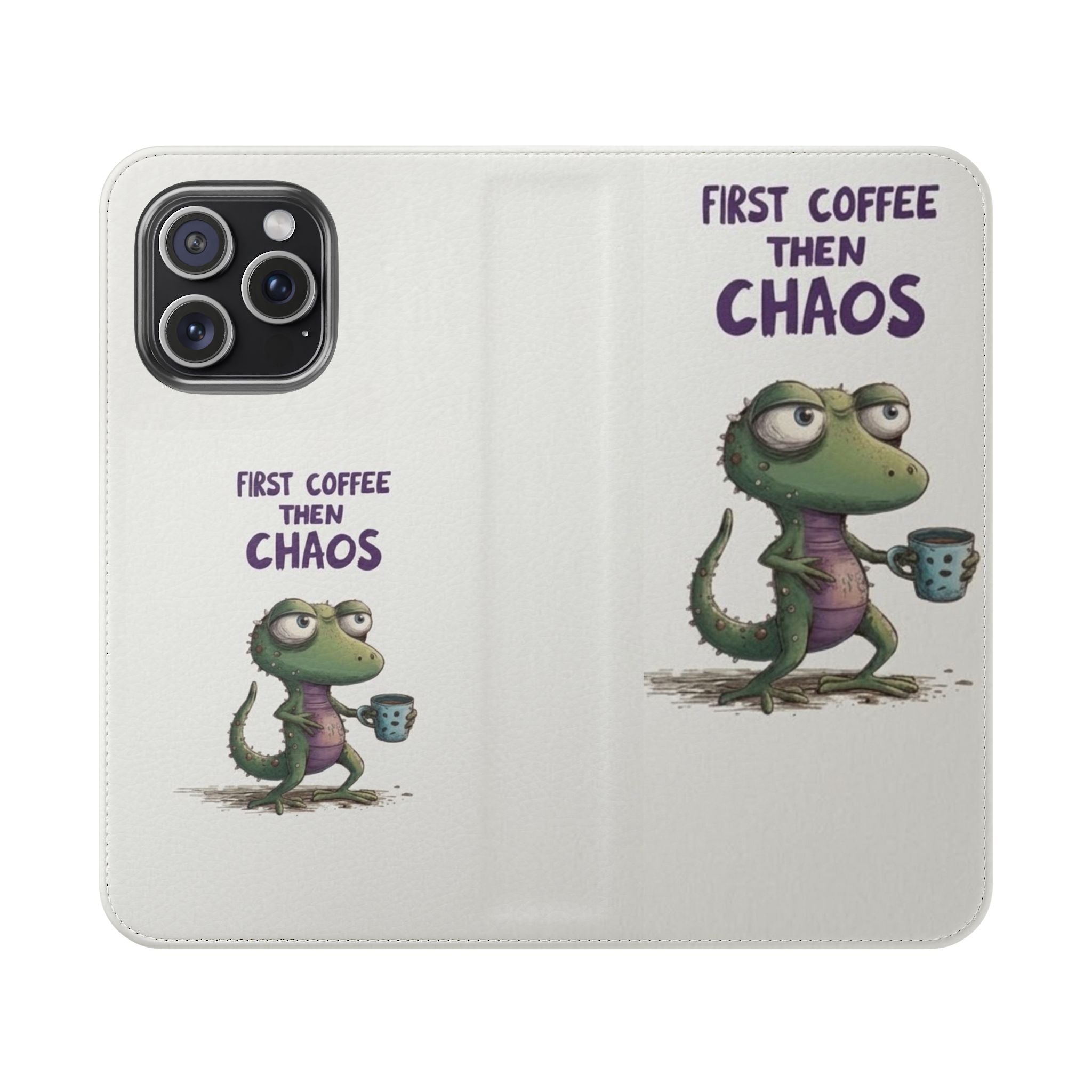 Flip Case — "First Coffee Then Chaos" Cute Dino Phone Wallet