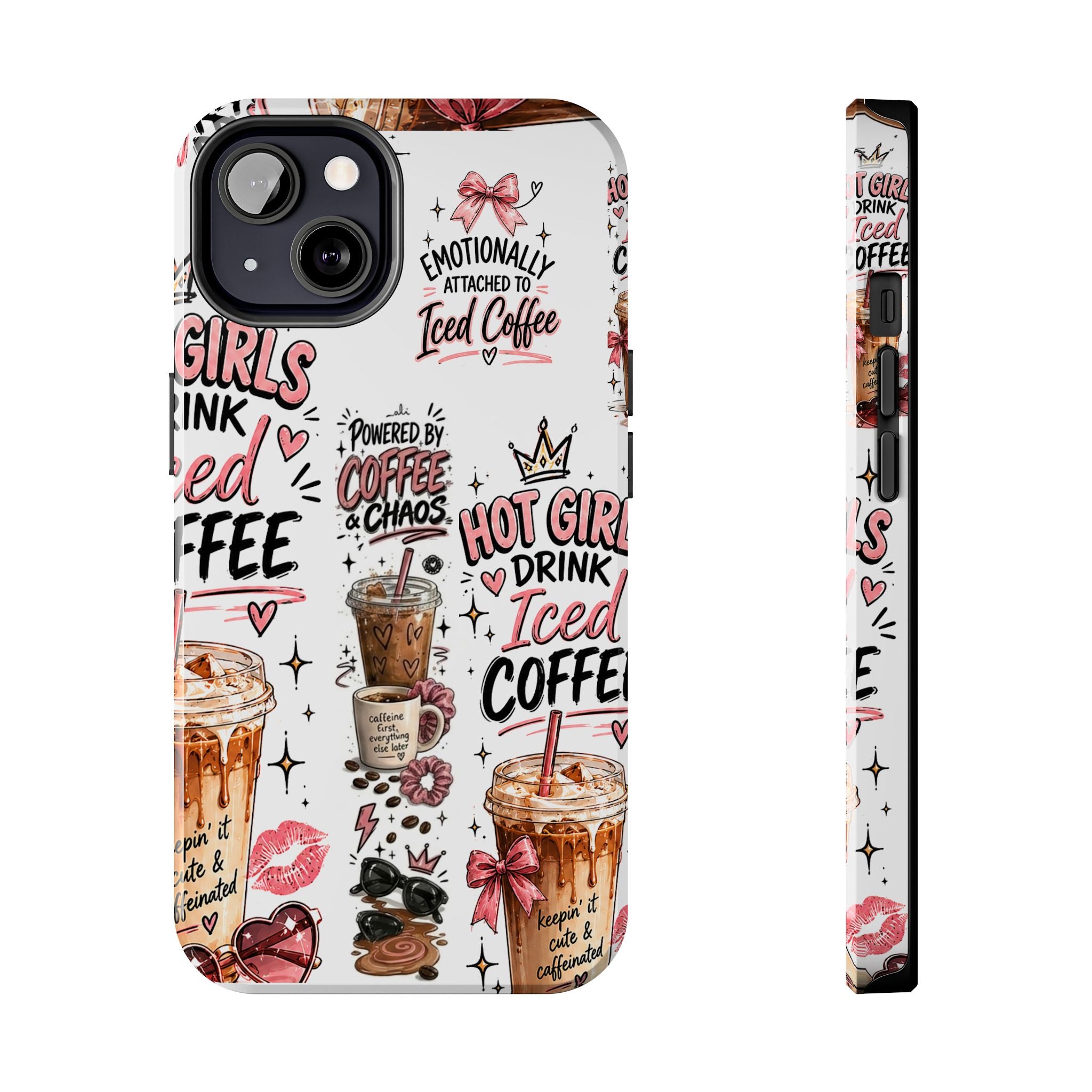 Iced Coffee Pattern Phone Case – "Powered by Coffee & Chaos" Tough Protective Case