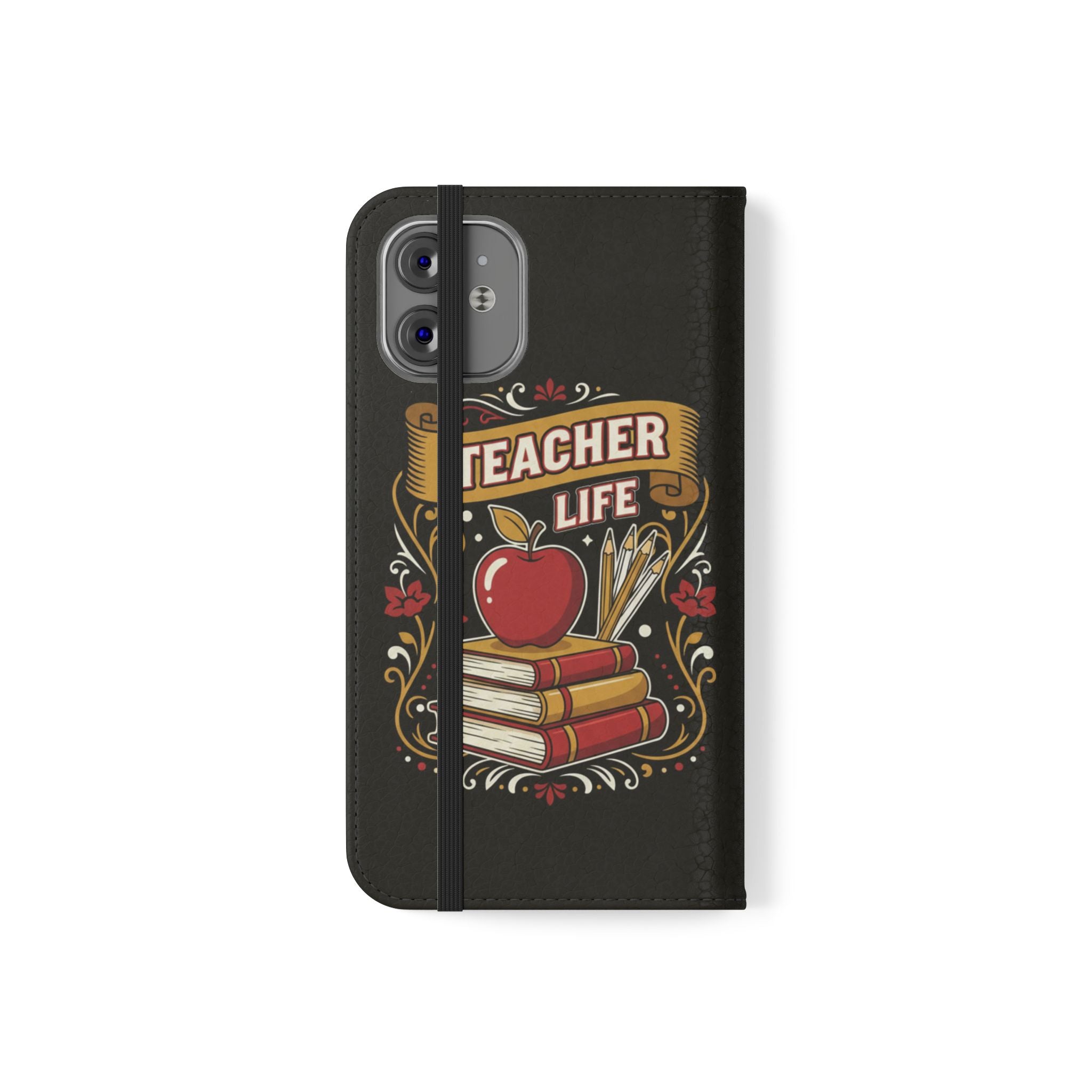 Teacher Life Flip Phone Case – Wallet Folio with Apple & Books Design