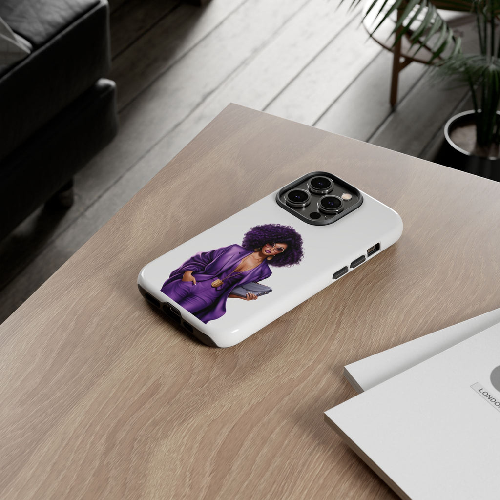 Purple Power Woman Phone Case — Afro Chic Businesswoman Protective Phone Cover