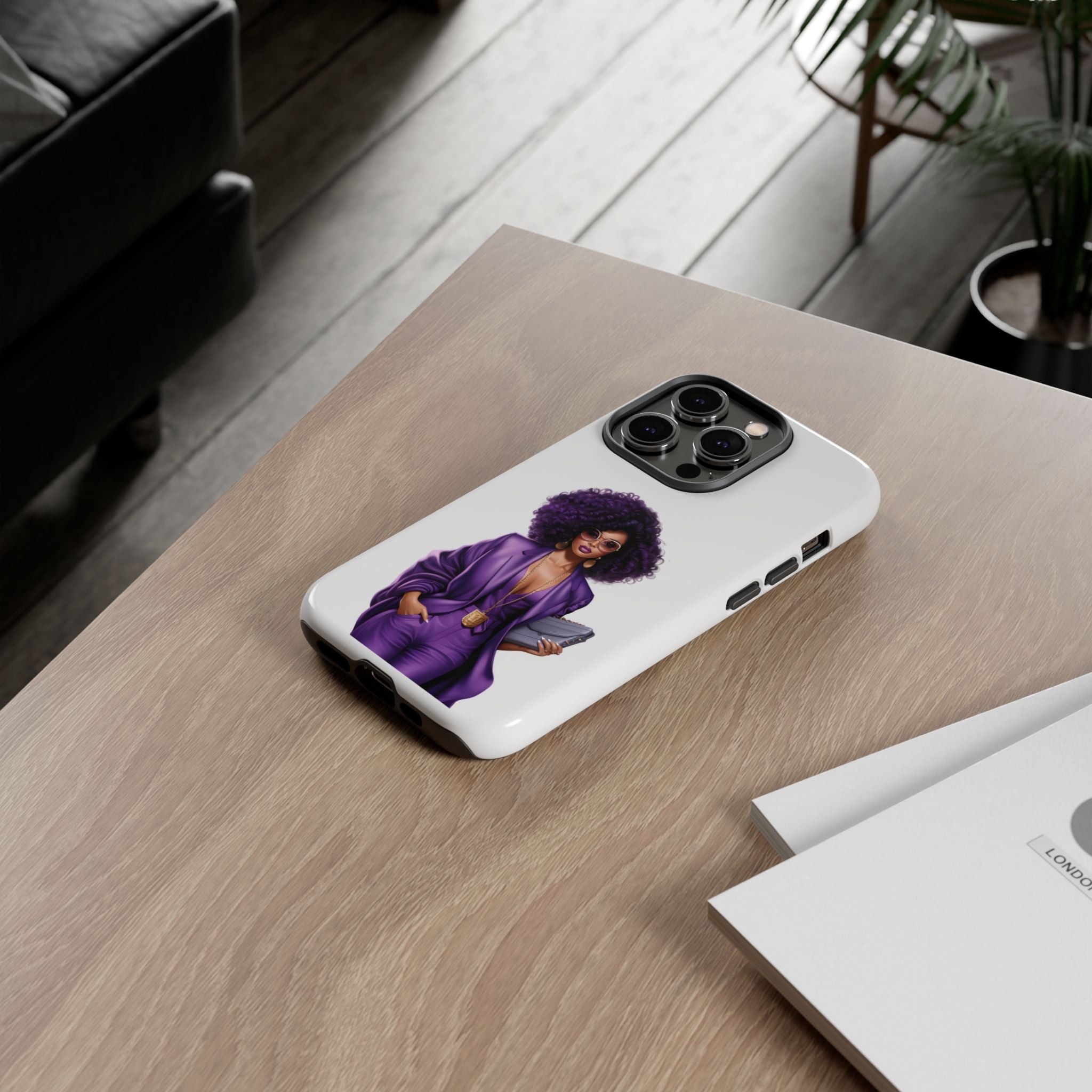 Purple Power Woman Phone Case — Afro Chic Businesswoman Protective Phone Cover