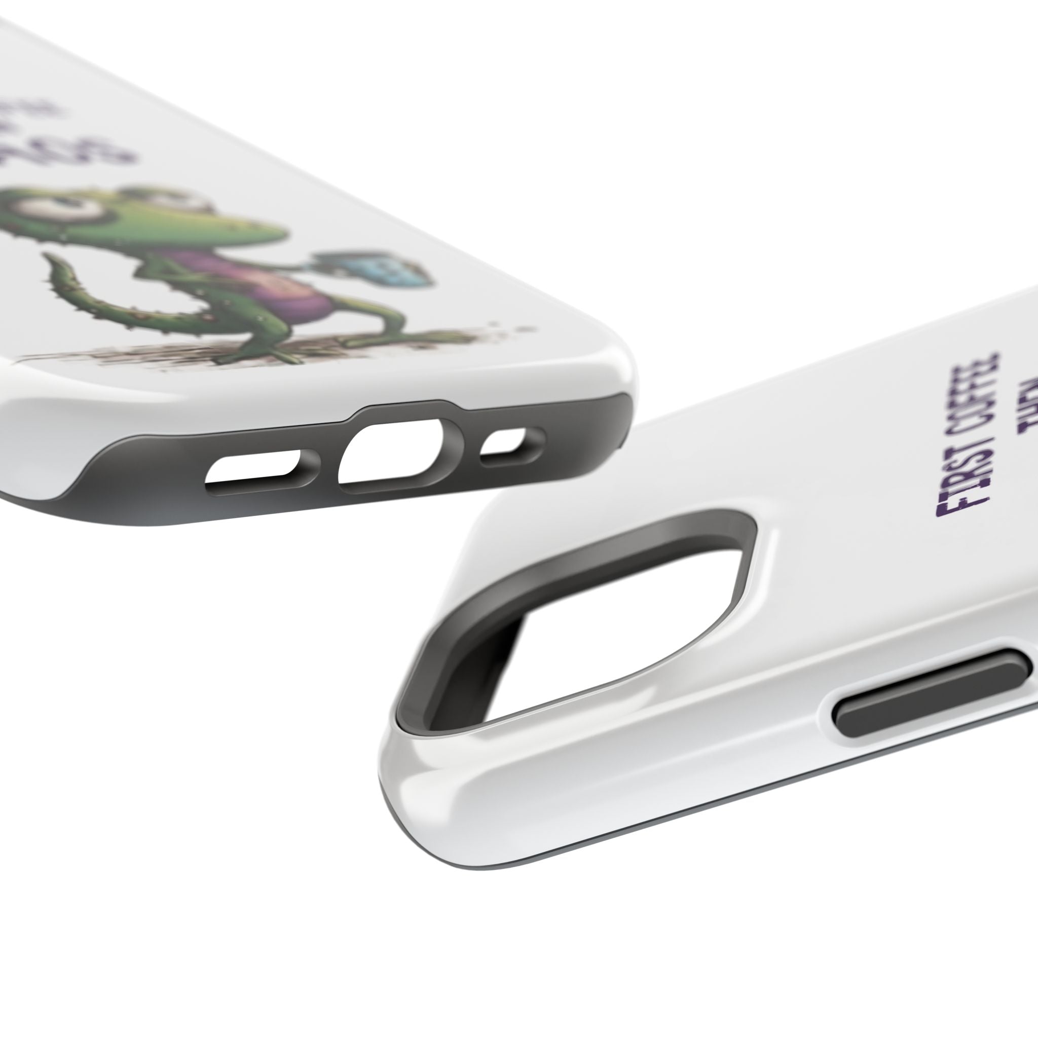 Impact-Resistant Phone Case — "First Coffee Then Chaos" Cute Lizard Coffee Design