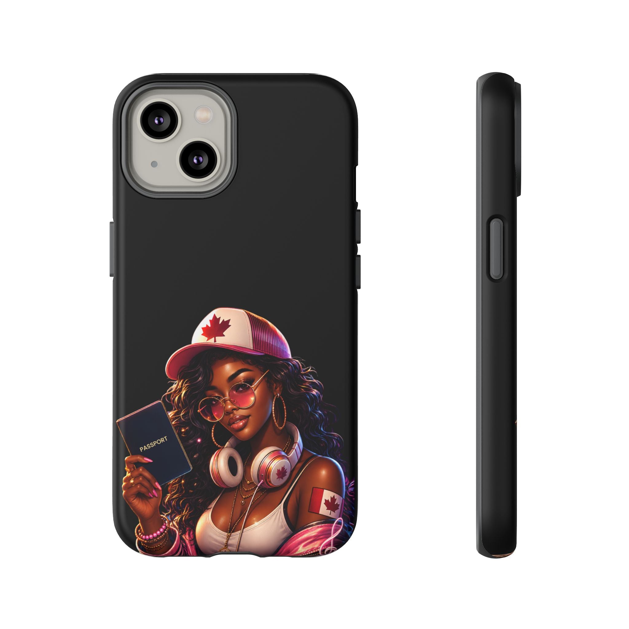 Canadian Vibes Phone Case — Afrobeat Girl with Headphones & Passport Design