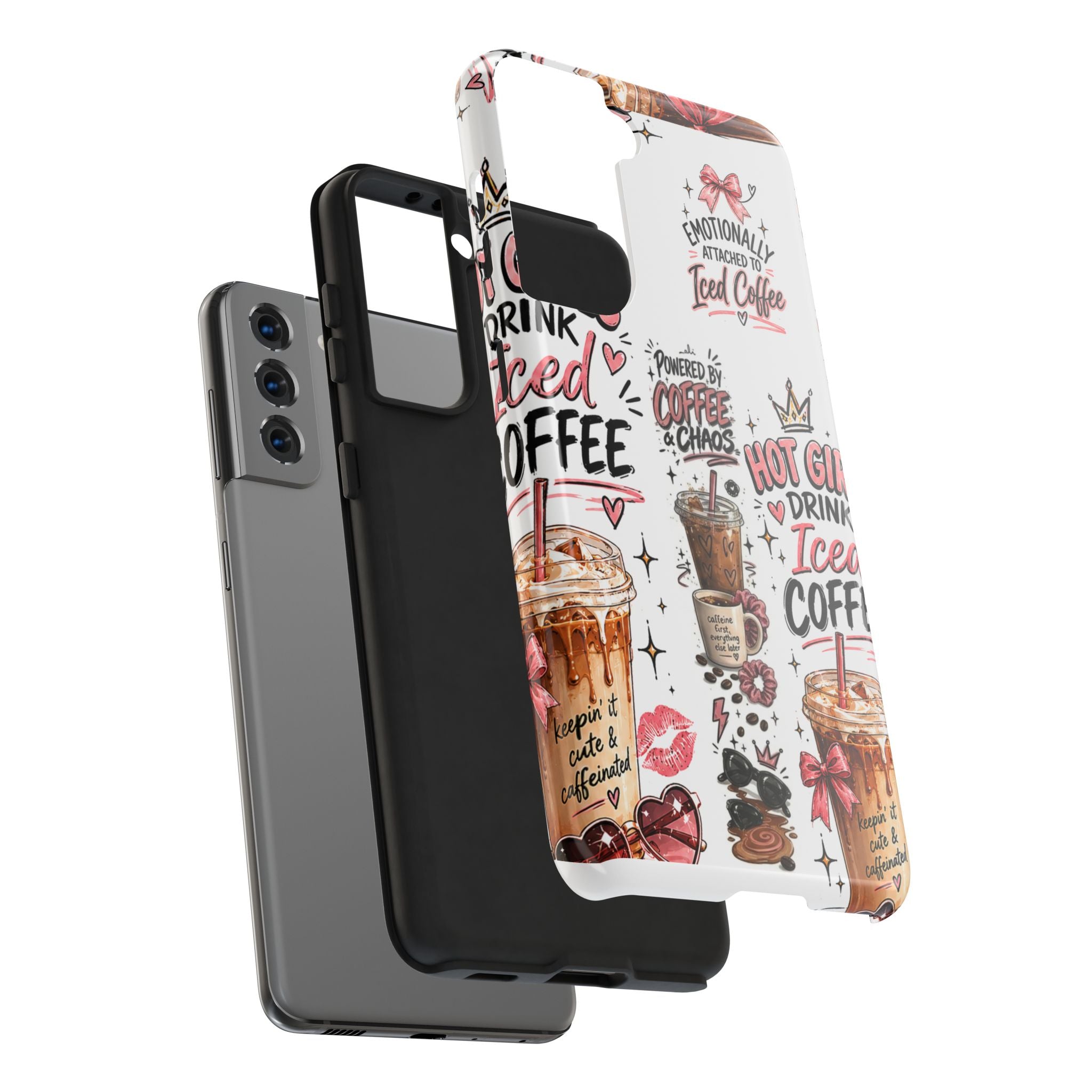 Iced Coffee Pattern Phone Case – "Powered by Coffee & Chaos" Tough Protective Case