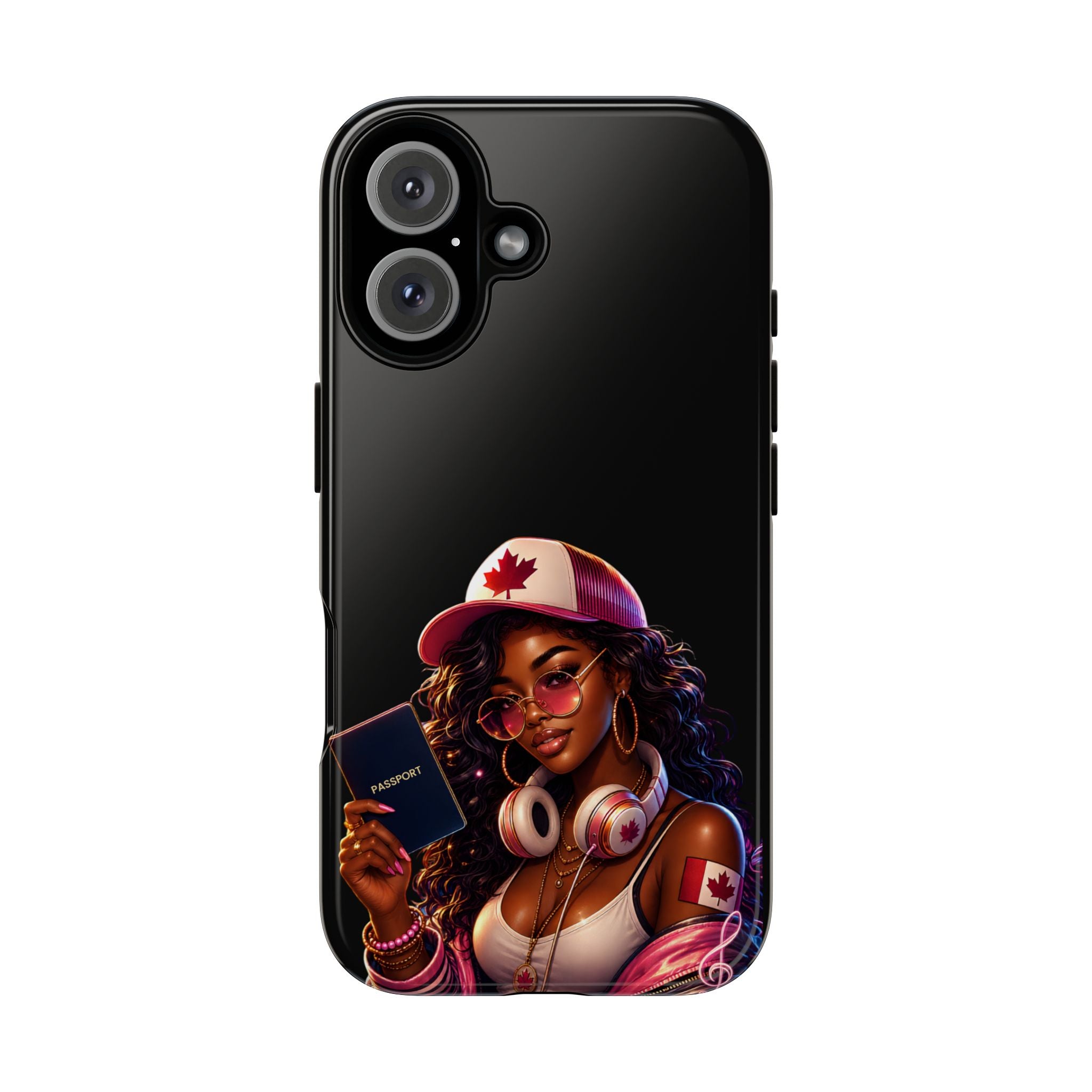 Canadian Vibes Phone Case — Afrobeat Girl with Headphones & Passport Design