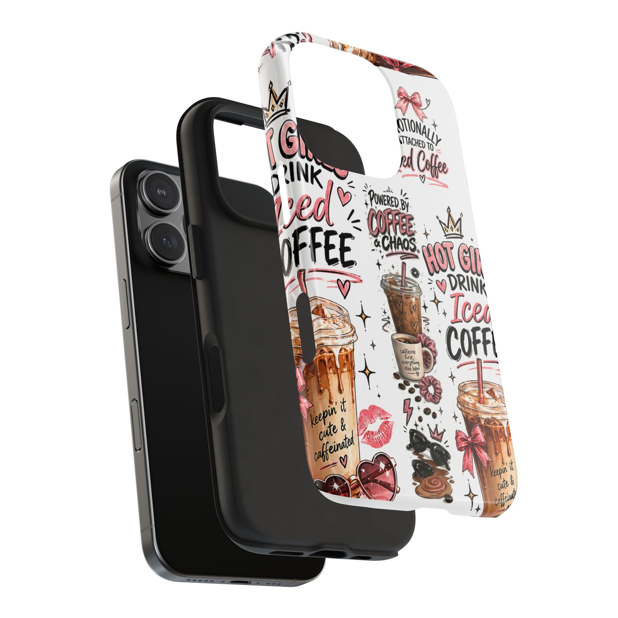 Iced Coffee Pattern Phone Case – "Powered by Coffee & Chaos" Tough Protective Case