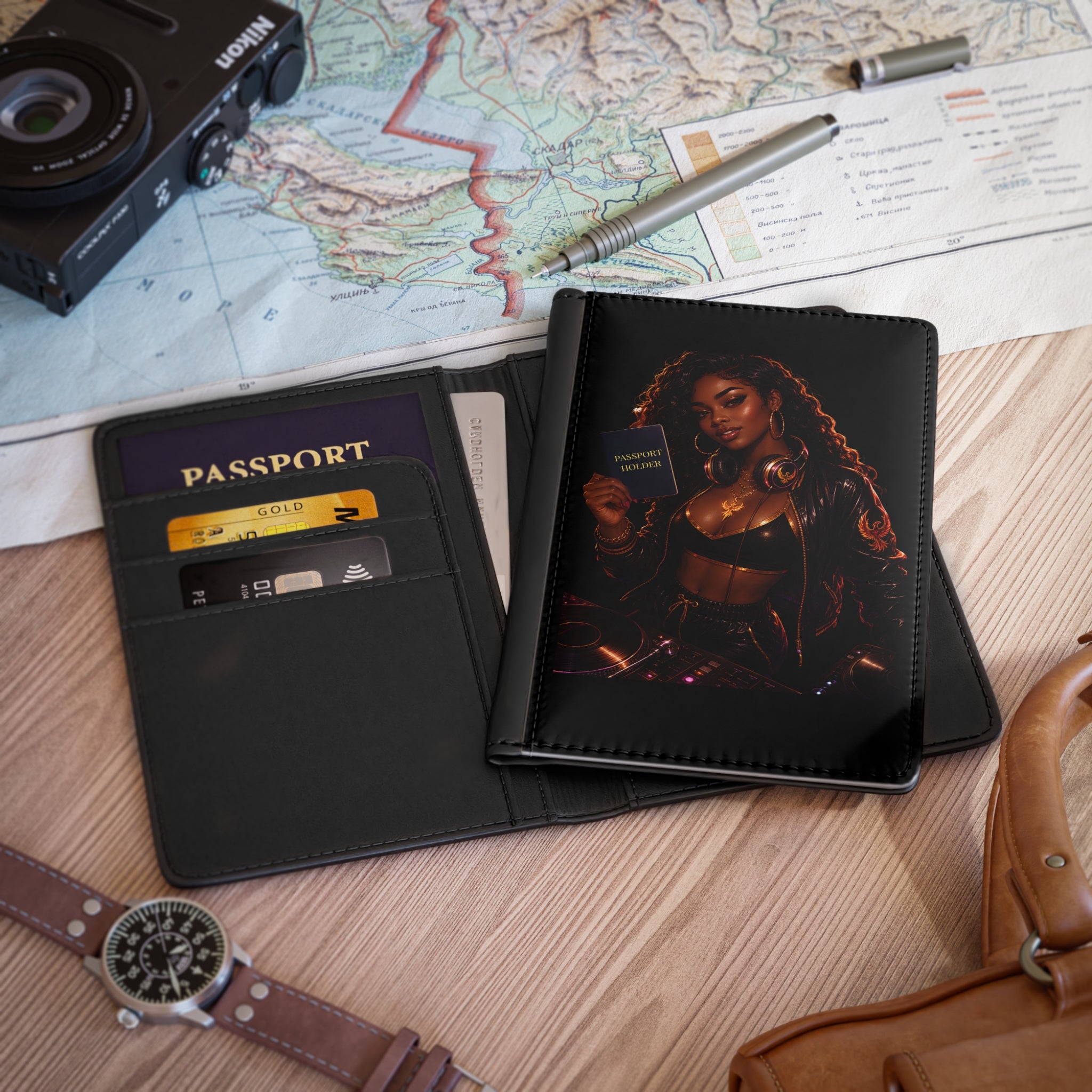 Passport Cover — Stylish Black Woman DJ Design (Holds Passport & Cards)