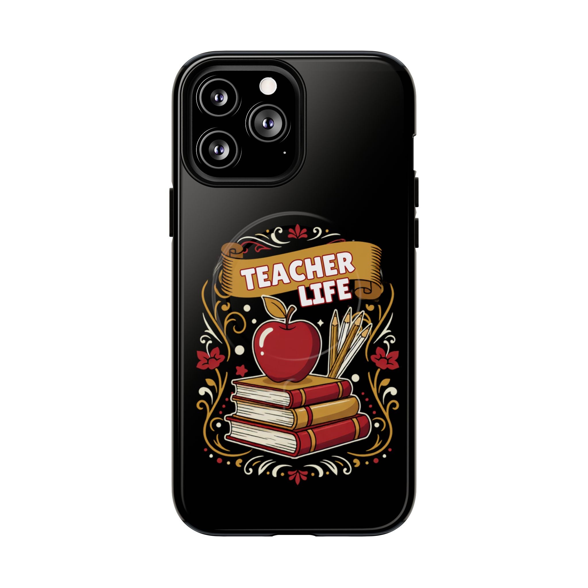 Teacher Life Phone Case - Tough Magnetic Protective Cover with Apple & Books Design