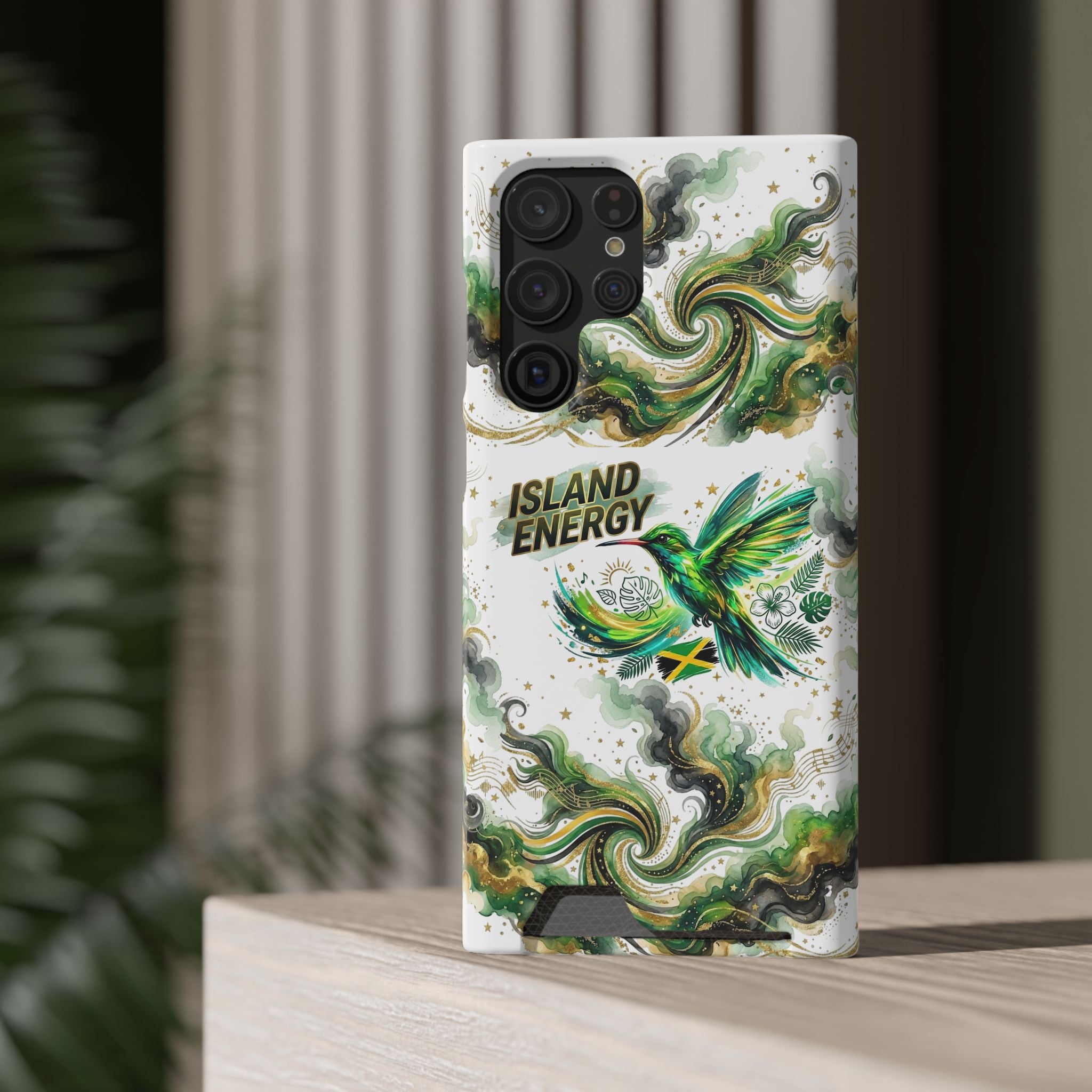 Phone Case with Card Holder — 'Island Energy' Green Hummingbird Design