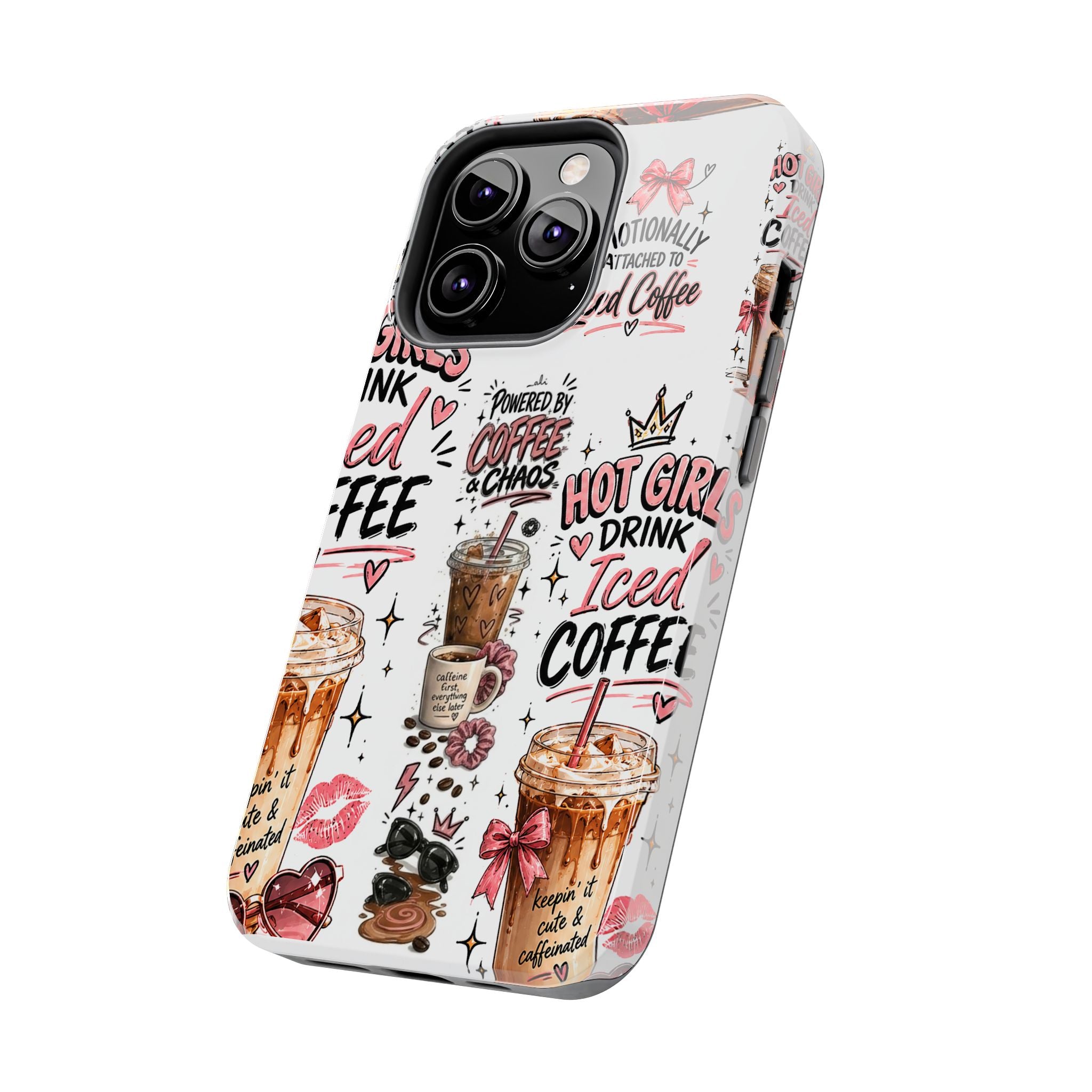 Iced Coffee Pattern Phone Case – "Powered by Coffee & Chaos" Tough Protective Case